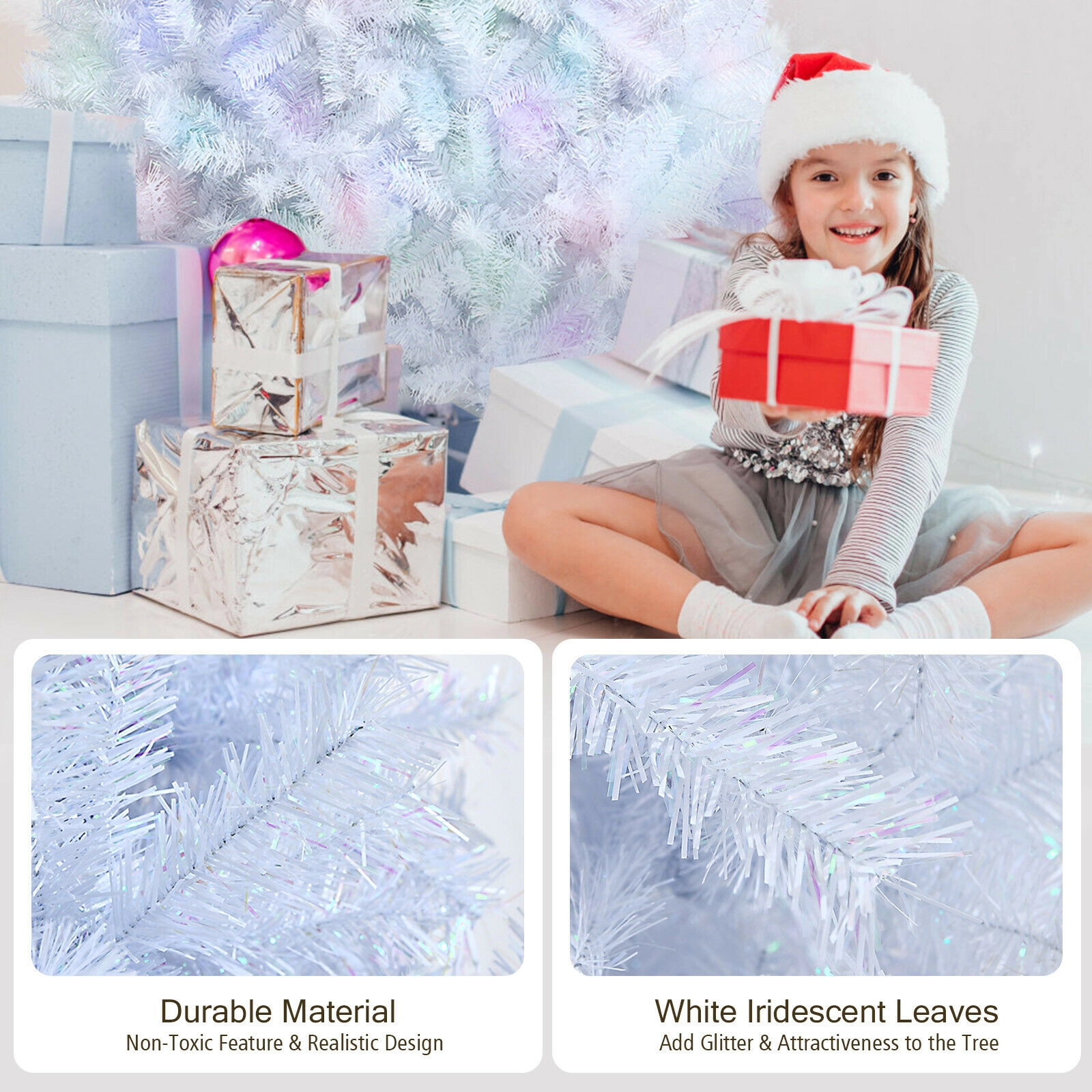 SUGIFT 7-ft White Iridescent Tinsel Artificial Christmas Tree with 1156 Branch Tips and Folding Metal Stand