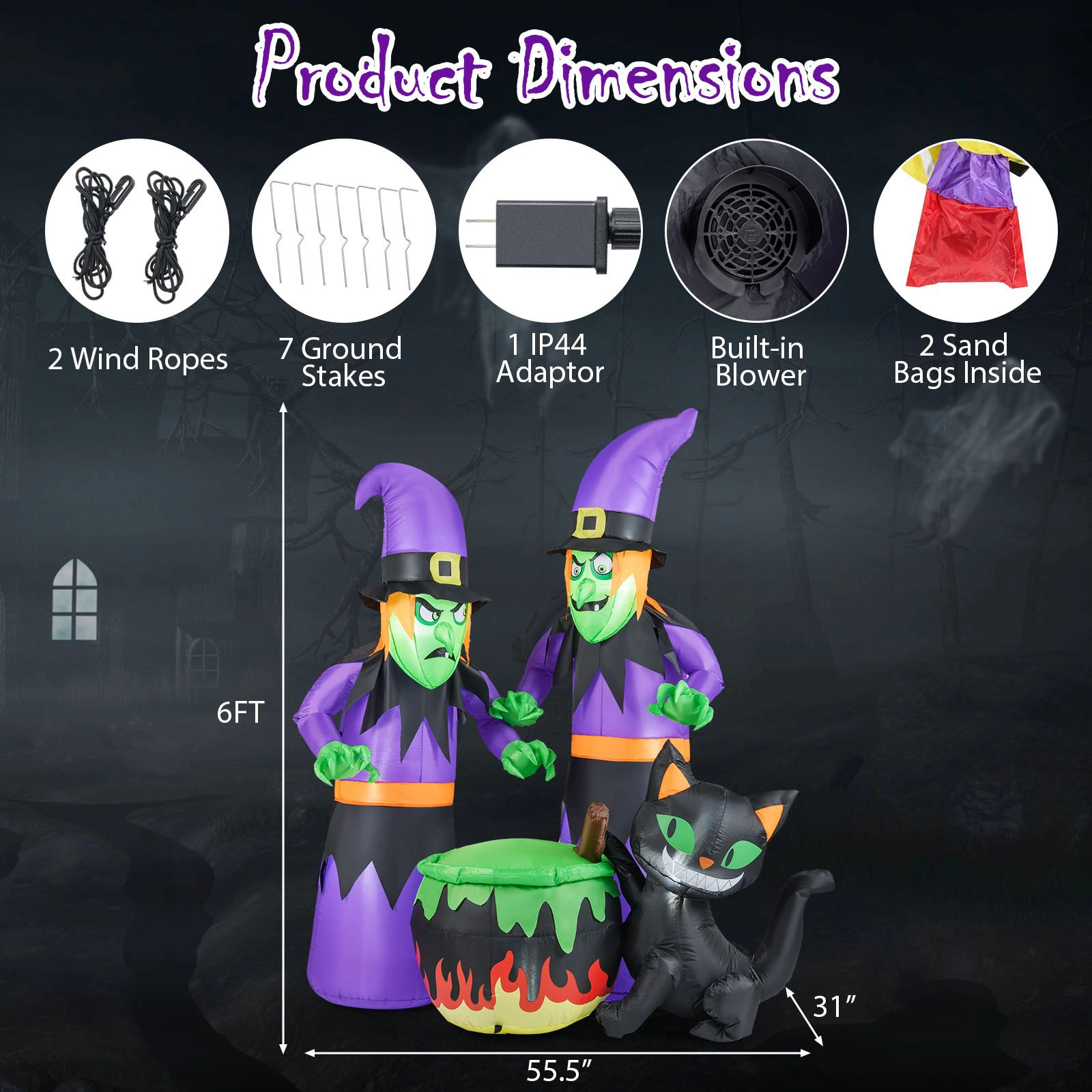 Slickblue Lighted Outdoor Halloween Witch Yard Display with Black Cat Accent