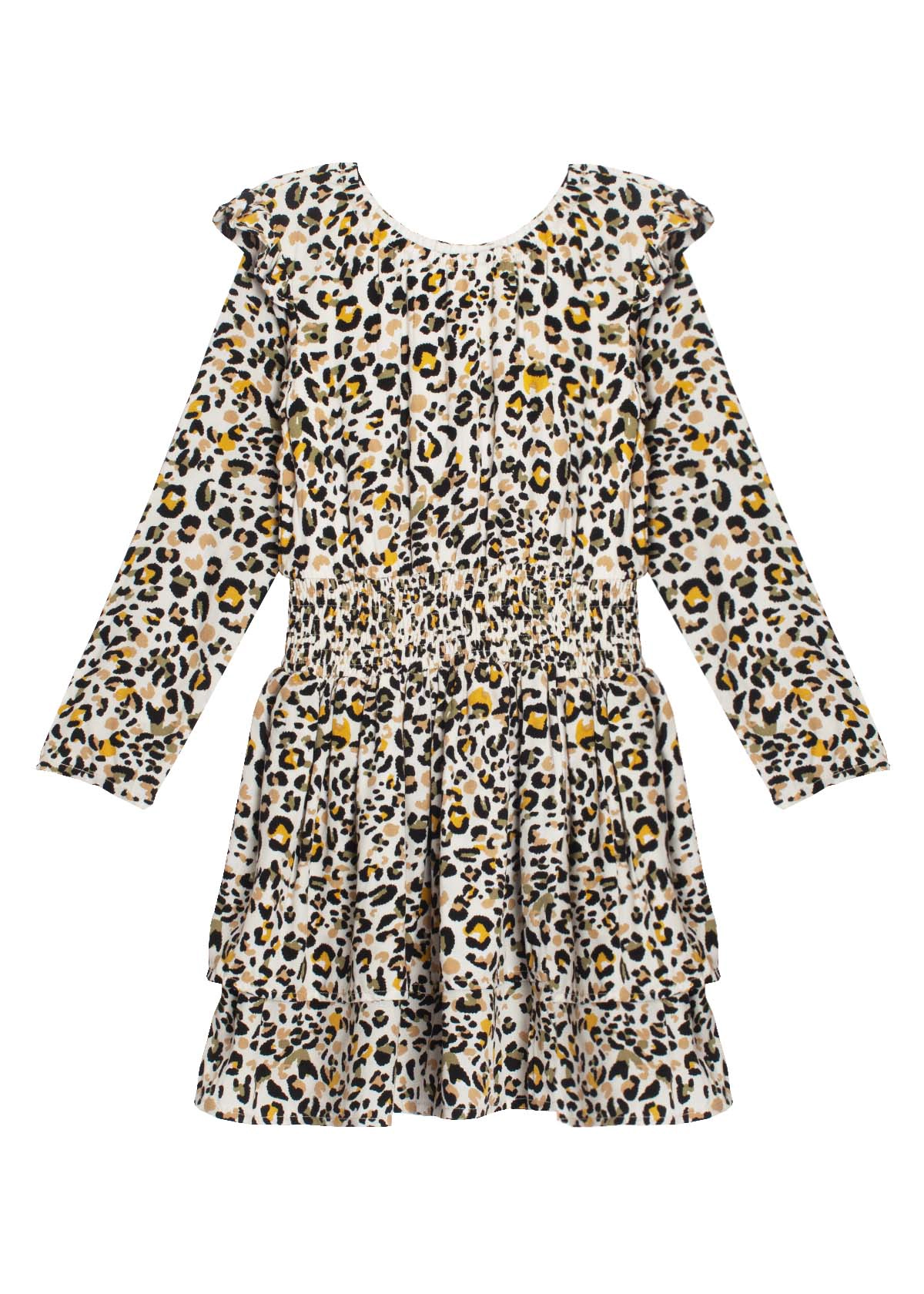 Mabel and Honey Piper Rayon Dress, Long Sleeve Smocked Waist Leopard Print