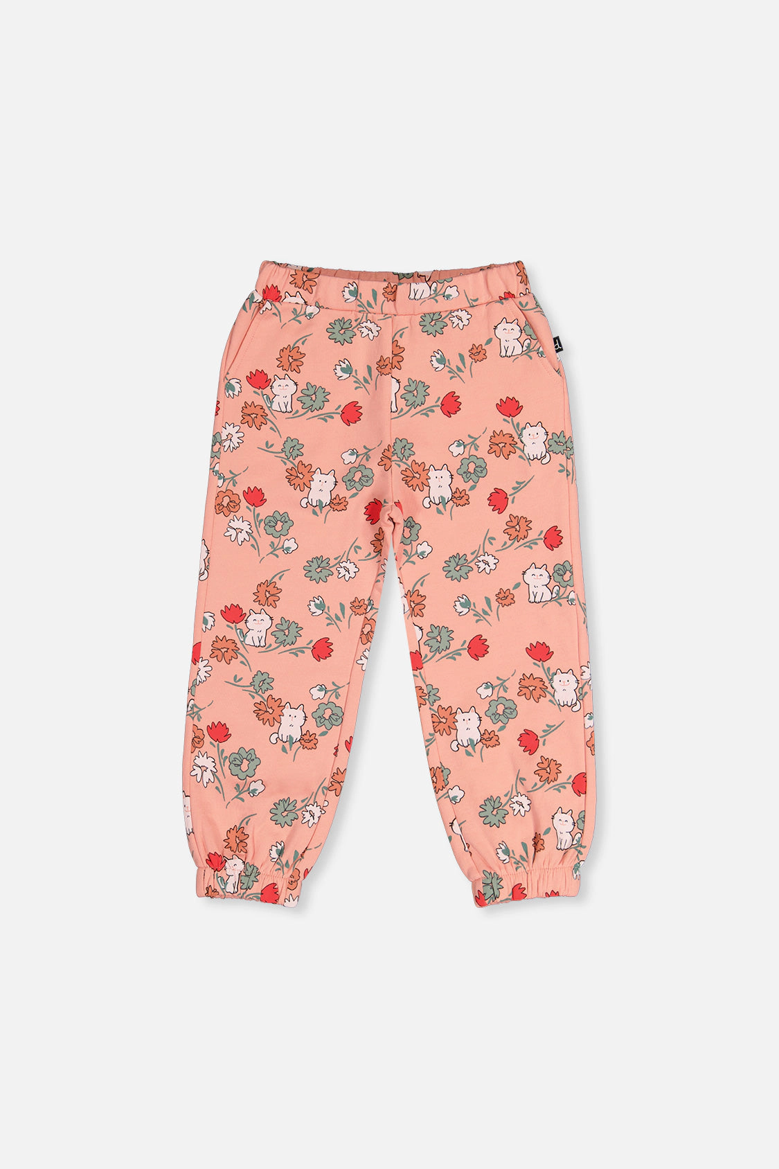 Deux par Deux Girls French Terry Elastic Cuff Sweatpants with Cat Print