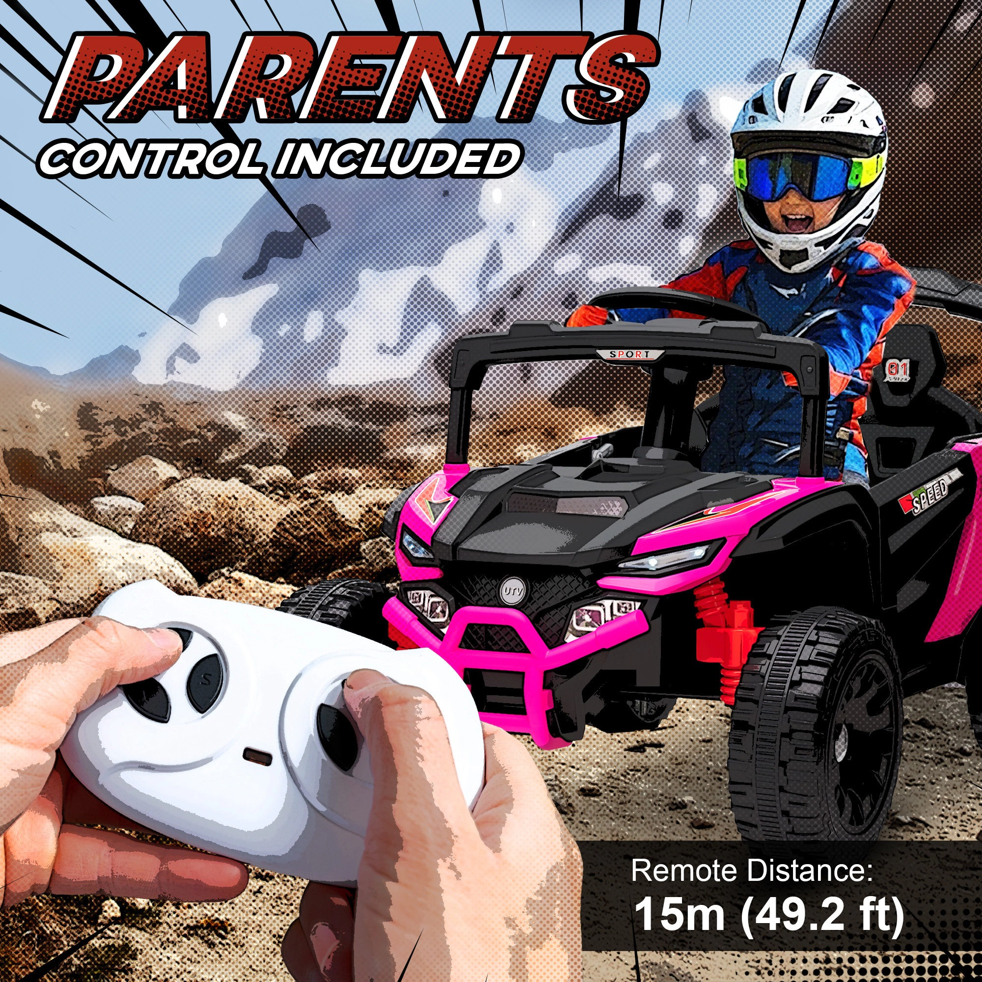 HONGGE 12V Battery-Powered Kids Ride-On Truck with Remote Control and Rear Suspension, Pink
