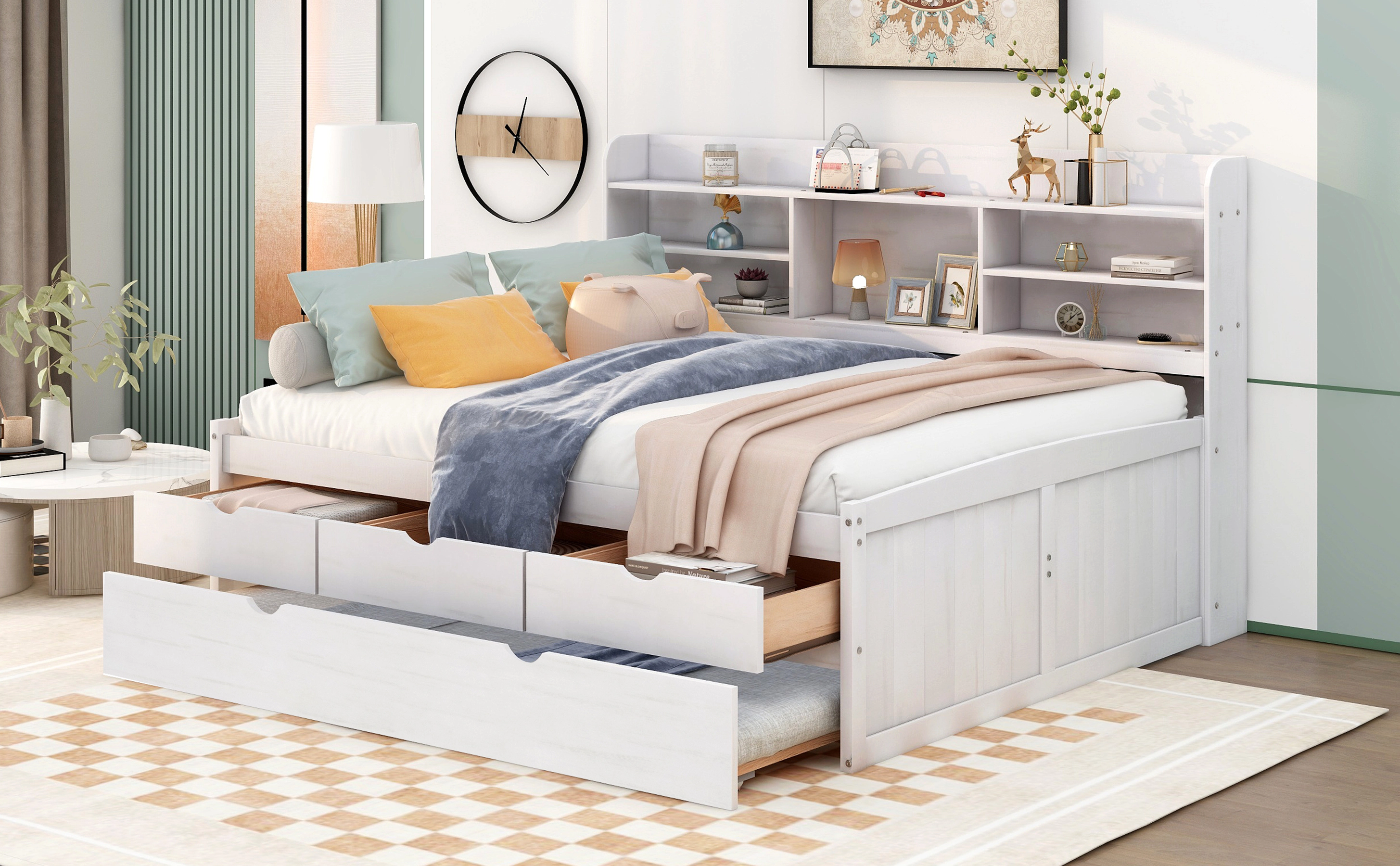 Flynama Full Wooden Captain Bed with Bookshelves, 3 Drawers & Trundle, White Wash