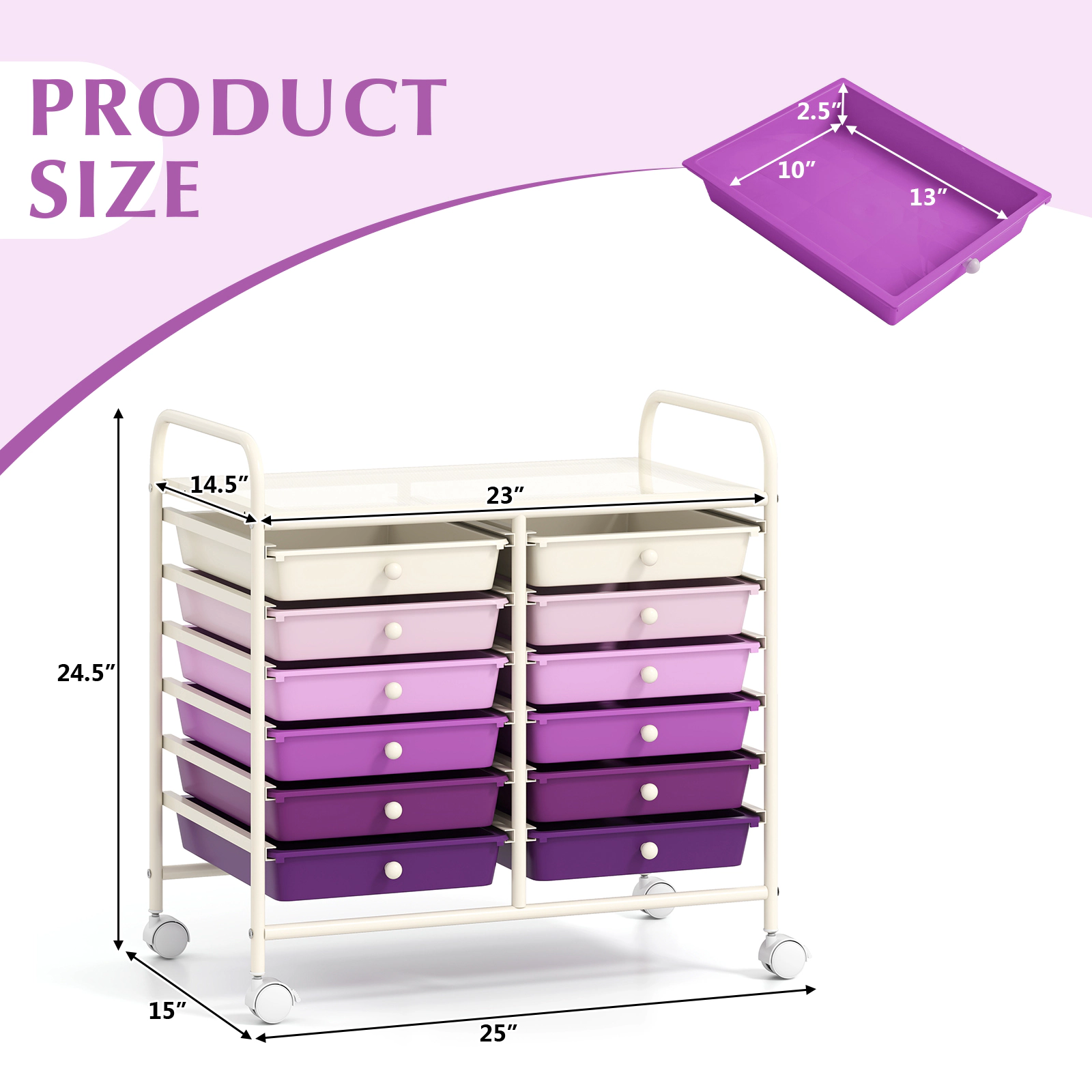 SUGIFT Purple 12-Drawer Rolling Cart Organizer with Plastic Storage Drawers and Locking Wheels for Office