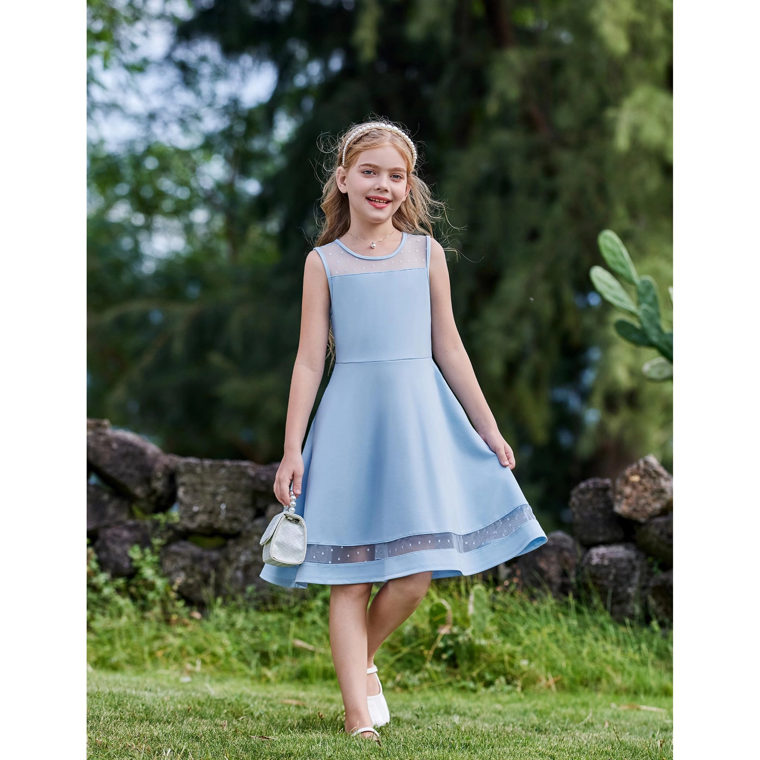 Arshiner Girls Elegant Dresses Sleeveless Round Neck Aline Party Dance Graduation Mesh Dress