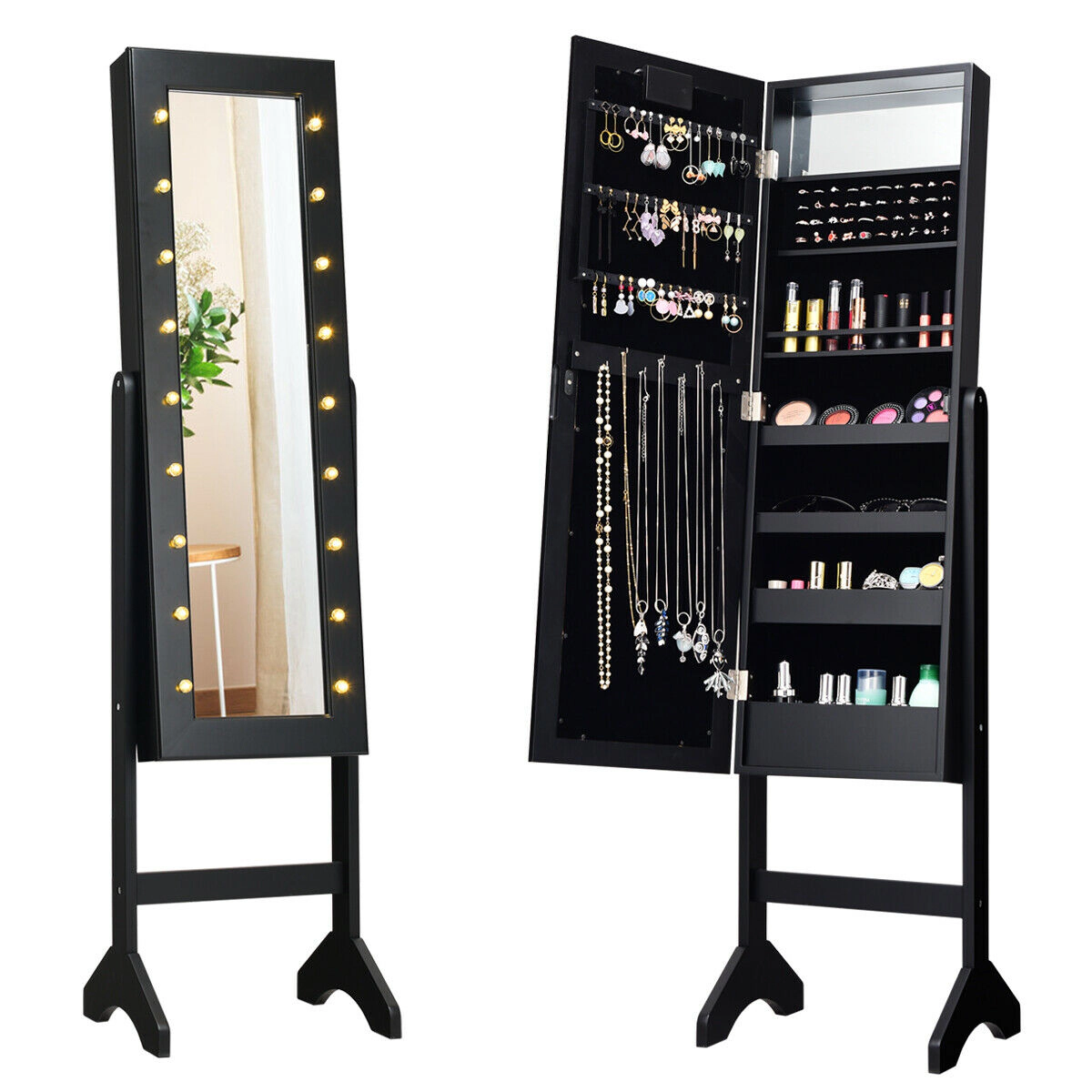 SUGIFT Free Standing Mirrored Jewelry Cabinet Armoire Organizer with LED Lights 57-in Tall Black