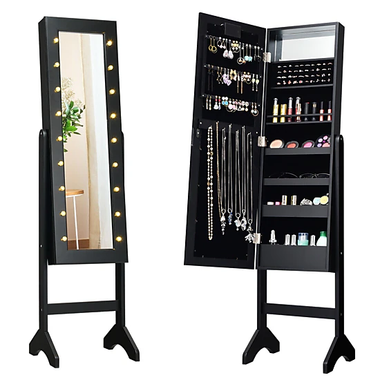 SUGIFT Free Standing Mirrored Jewelry Cabinet Armoire Organizer with LED Lights 57-in Tall Black