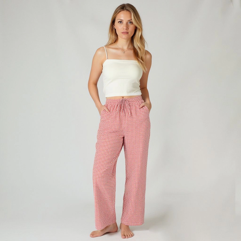 Anna-Kaci Women's Gingham Print Pajama Pants with Elastic Drawstring and Straight Leg Fitted