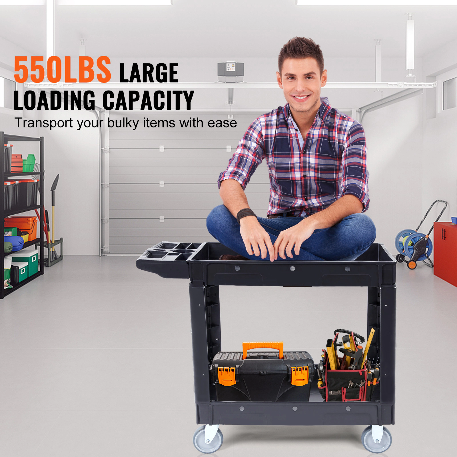 HONGGE Utility Cart Service Cart Heavy Duty Plastic Utility Cart with 360° Swivel Wheels with for