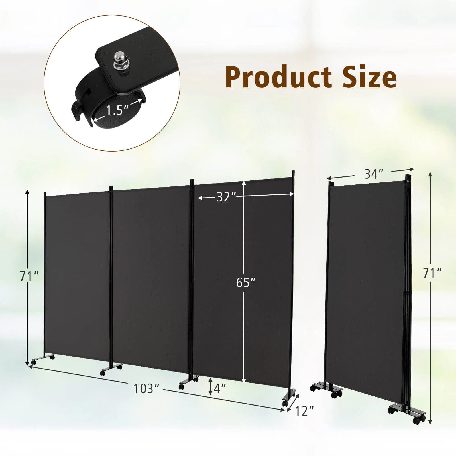 SUGIFT 3 Panel Folding Room Divider with Lockable Wheels 103-in Wide Metal Frame Polyester Fabric Gray