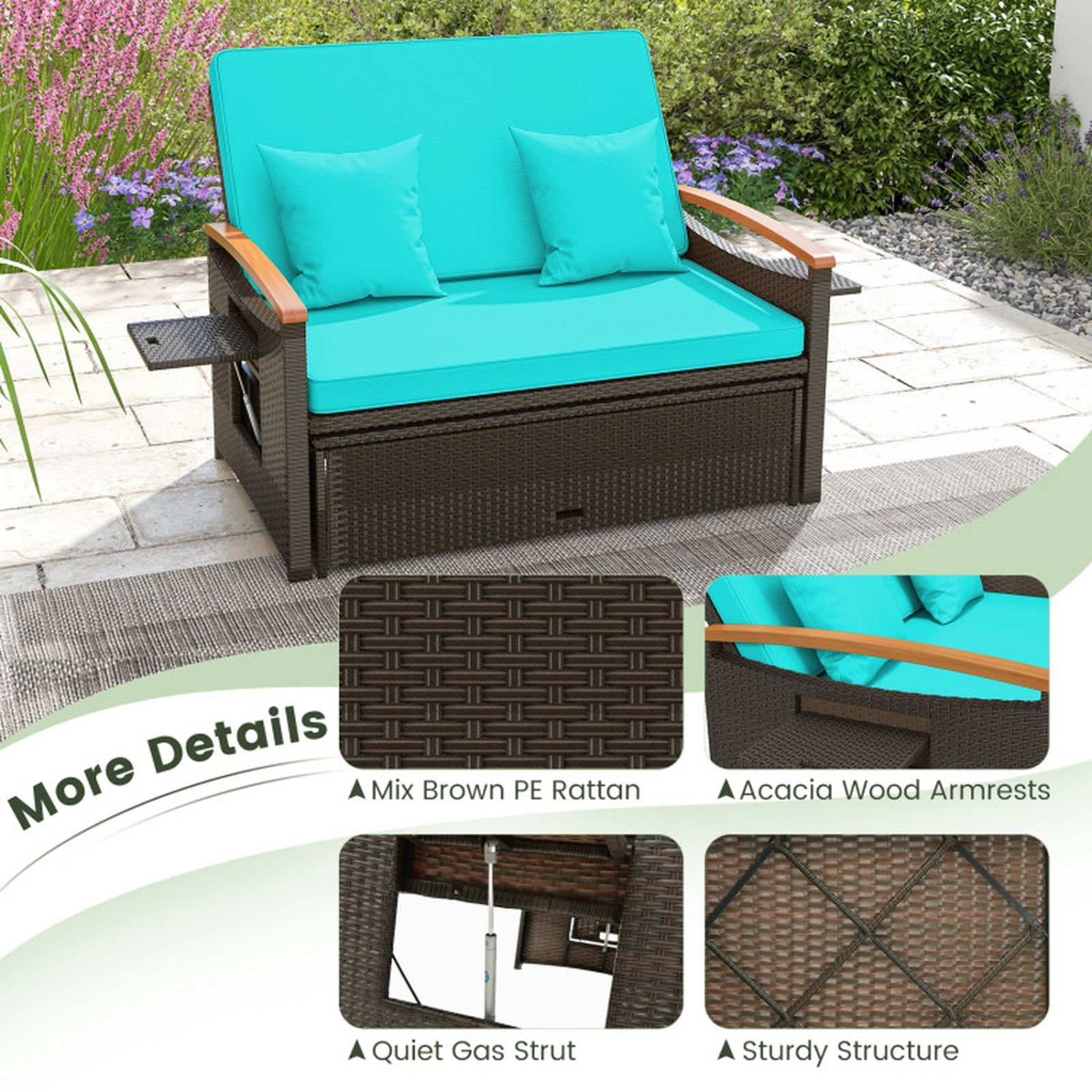 SUGIFT Green PE Rattan Outdoor Daybed Loveseat with Ottoman, 4-Level Backrest, 800-lb Capacity
