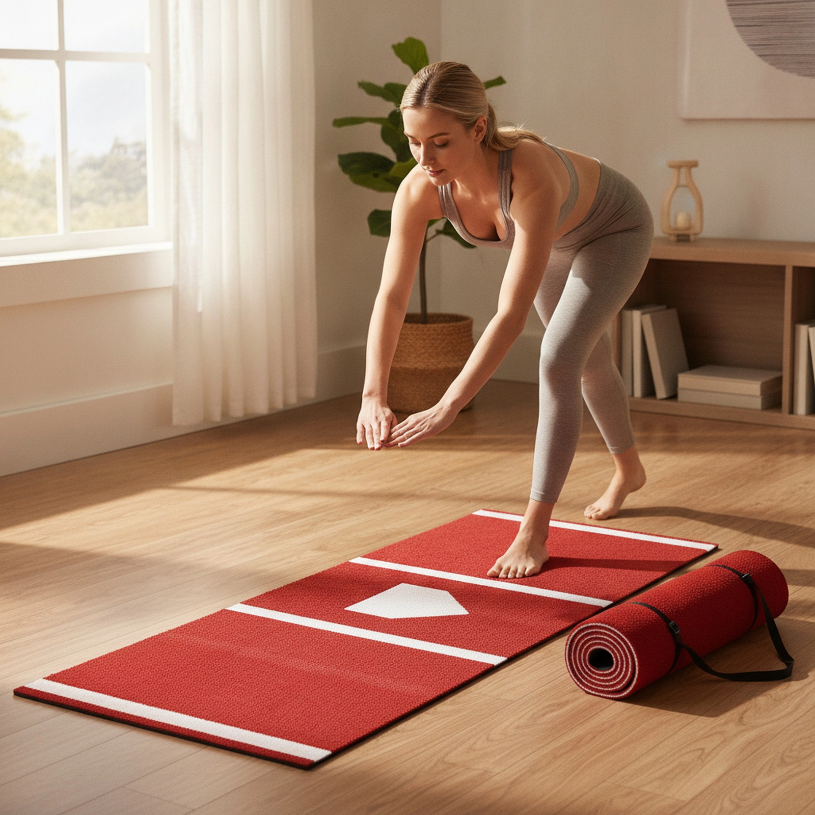 10-ft x 3.8-ft Softball and Baseball Turf Batters Box Mat Plate Outline Dual-Sided Layout Tote Strap Red Hitting Mat