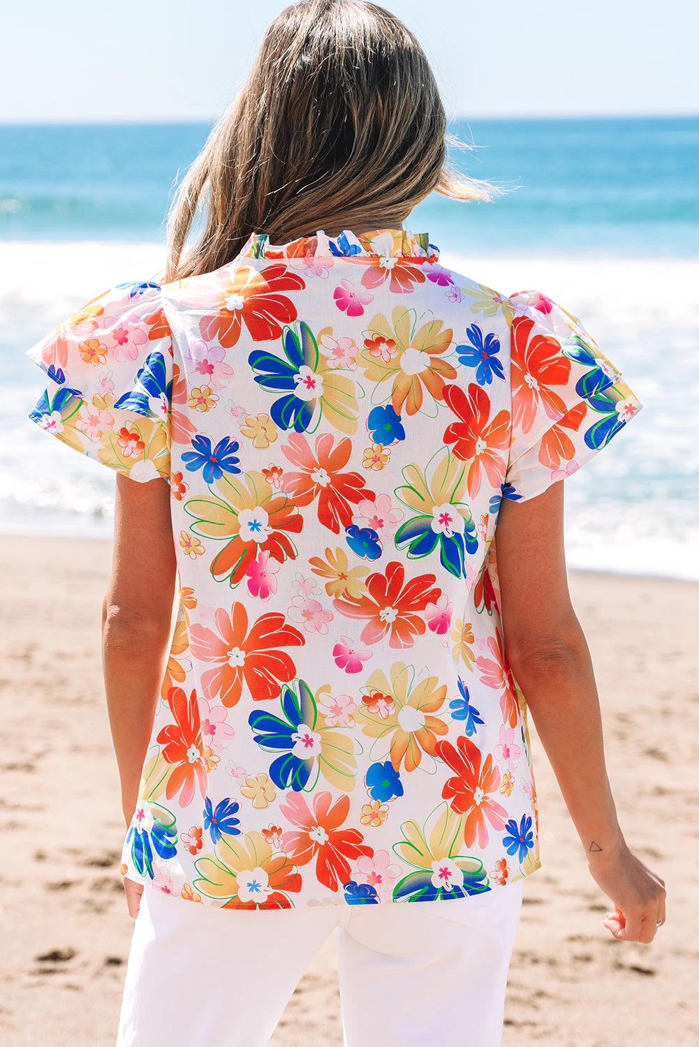 Threaded Pear Women's Chelsea Floral Bouquet Flutter Top