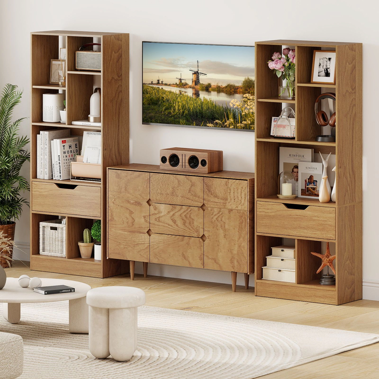 SlickBlue Freestanding Bookcase With 7 Cubby Shelves and Drawer