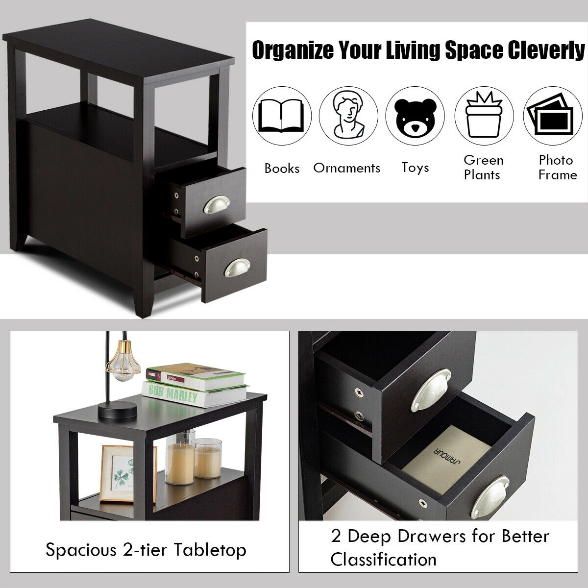 SUGIFT Compact Rectangular Wooden Nightstand with 2 Drawers and Shelf 33-lb Tabletop Capacity Dark Brown