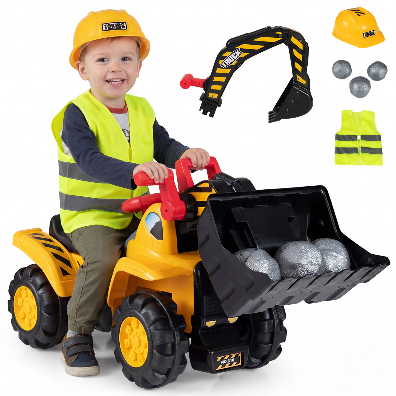 LJG Kids 3-in-1 Ride on Excavator Bulldozer Detachable with Engine Sound and Helmet