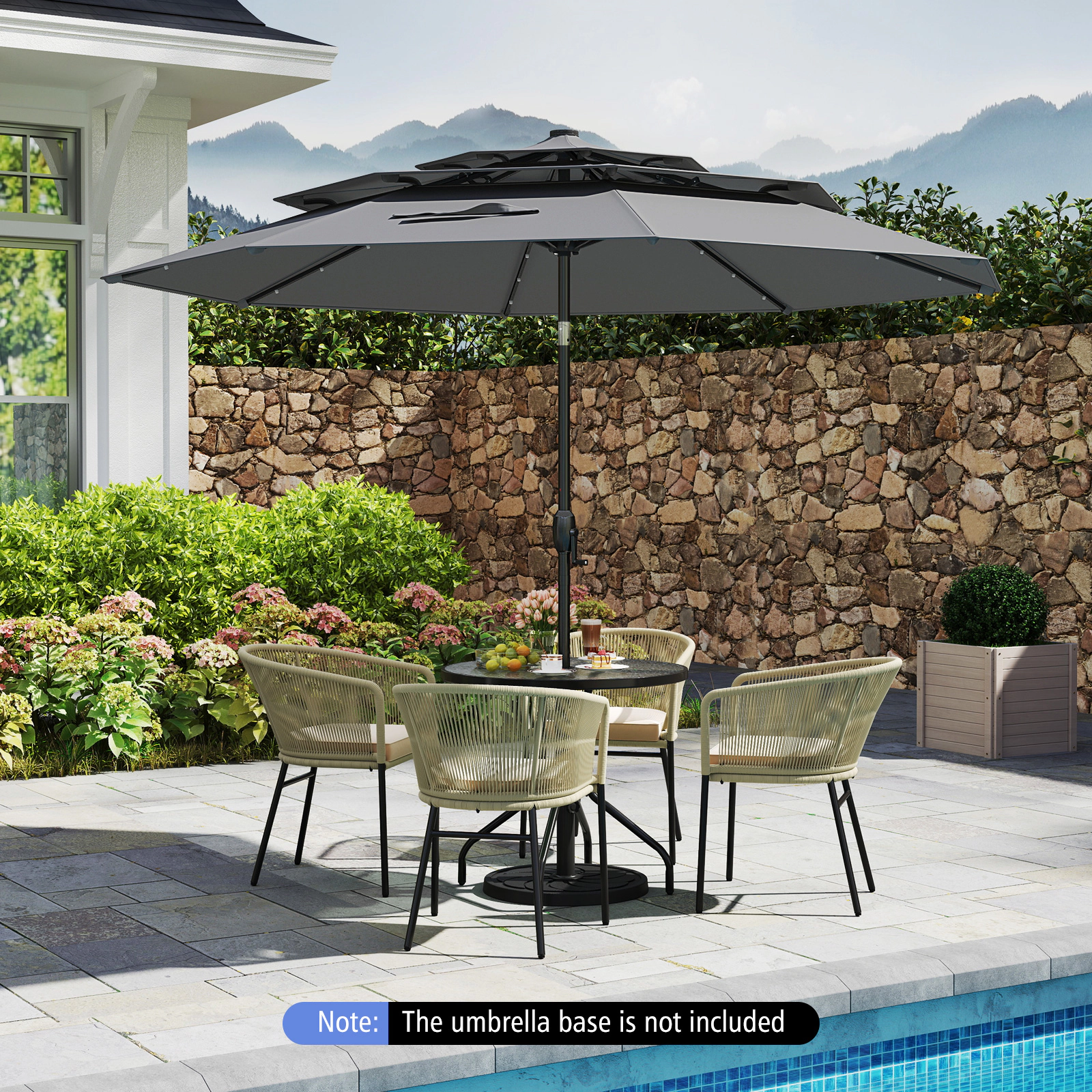 SUGIFT 10.3 ft Solar Patio Umbrella with 3-Tier Vented Top and 32 LED Lights