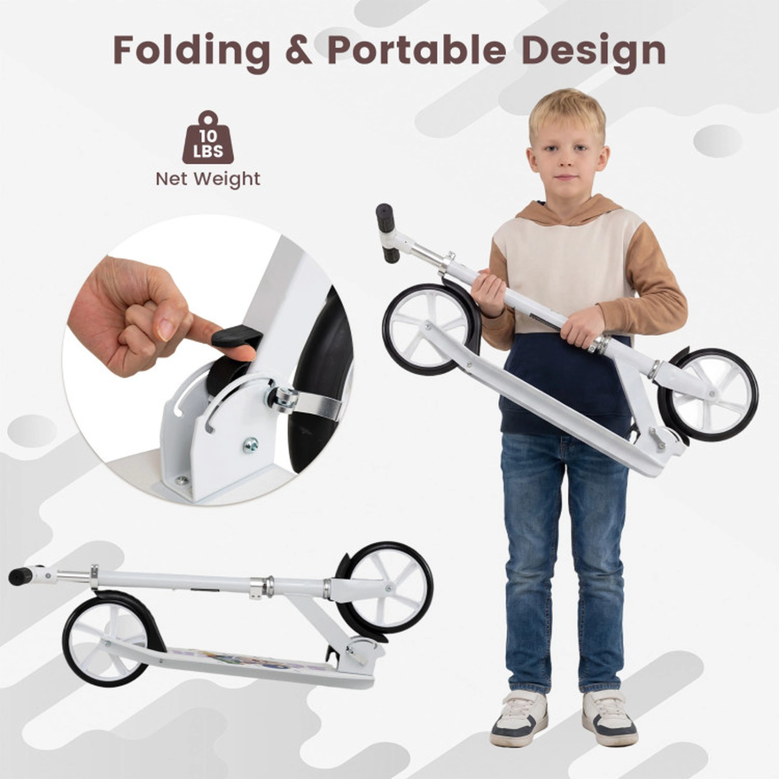 SUGIFT White Folding Kick Scooter, 220 lb Capacity, 8 in PU Wheels, Adjustable 3-Height Handlebar