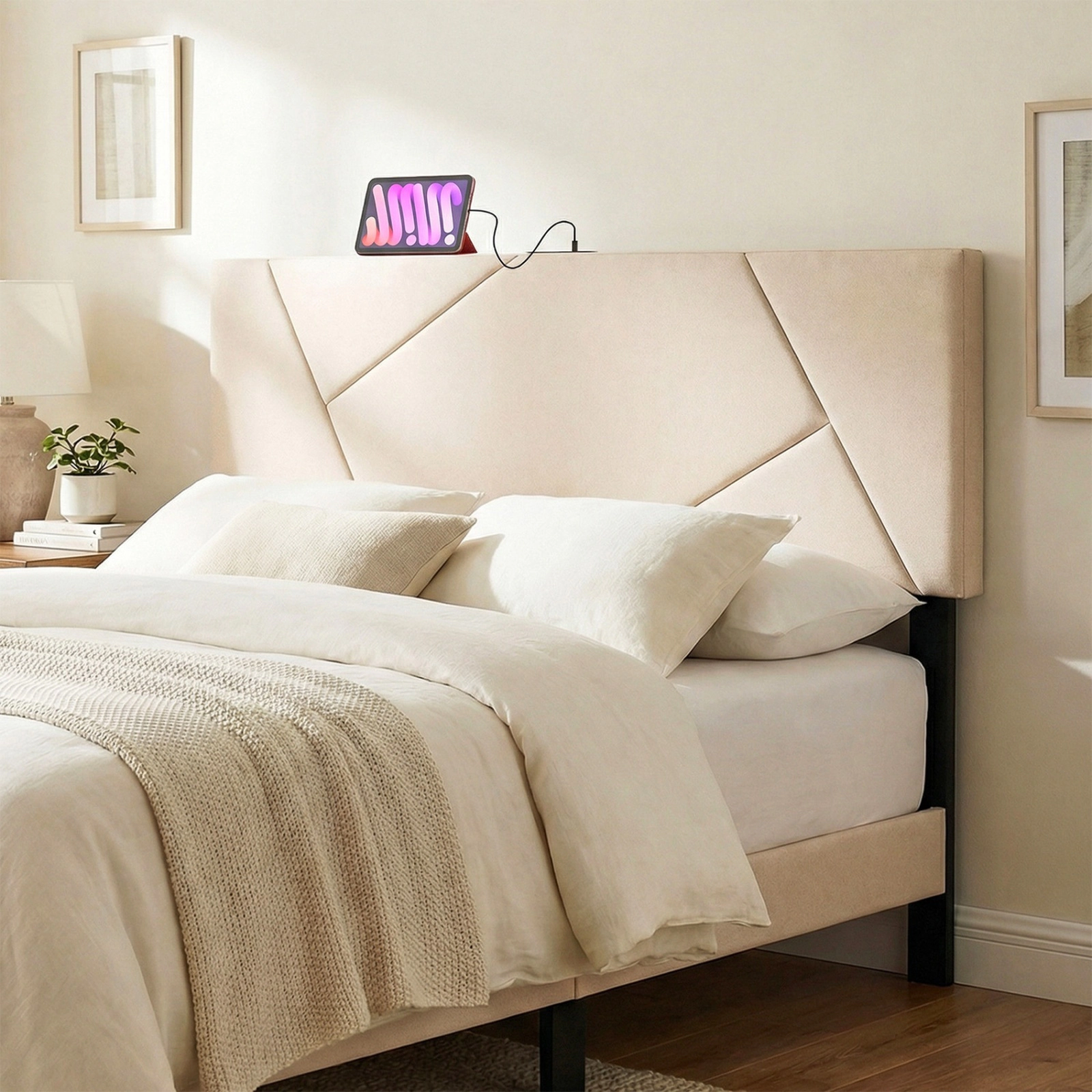 SUGIFT Geometric Beige Upholstered Headboard, Full-Queen, Charging Station