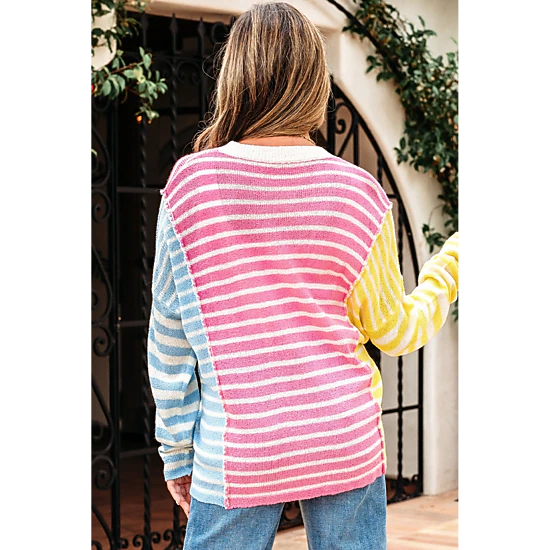 Threaded Pear Women's Esther Striped Patchwork Dolman Sleeve Slit Sweater