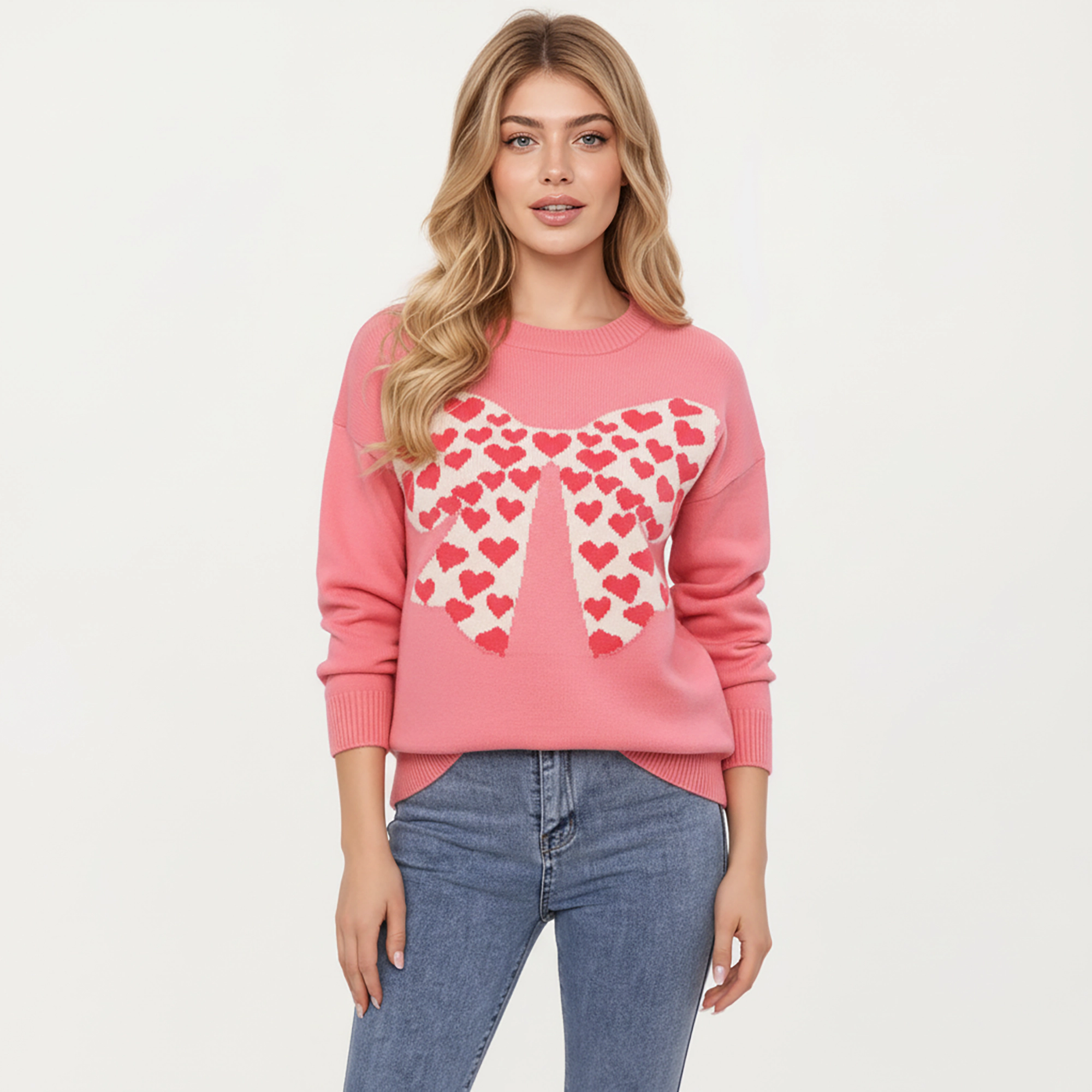 Anna-Kaci Women's Heart Bow Knit Sweater with Playful Graphic Design, Soft Crew Neck Fit and Cozy Long Sleeve Detailing