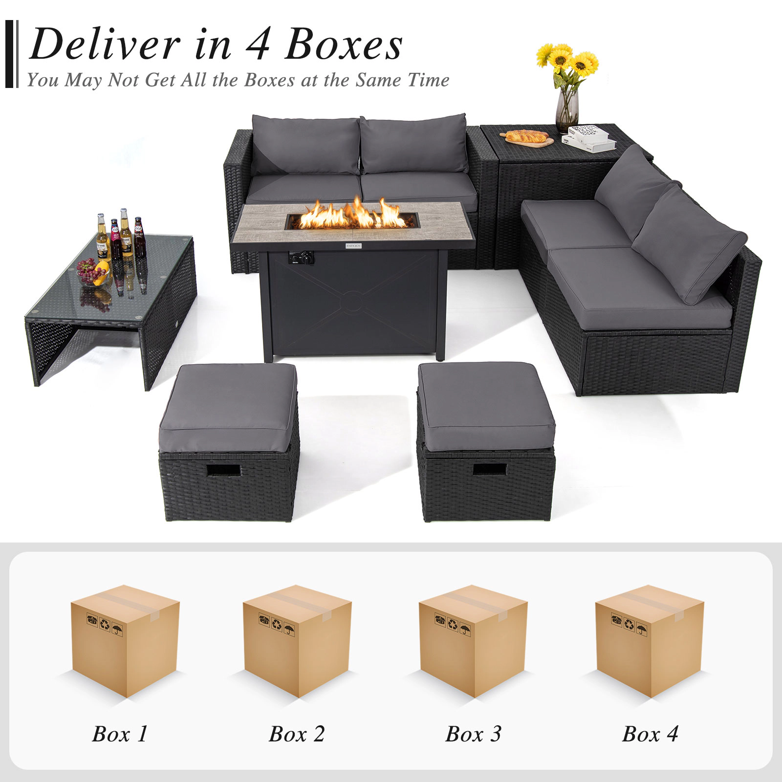 LJG 9 Pieces Outdoor PE Rattan Wicker Sectional Sofa with 42 Inch 60 000 BTU Gas Fire Pit Table