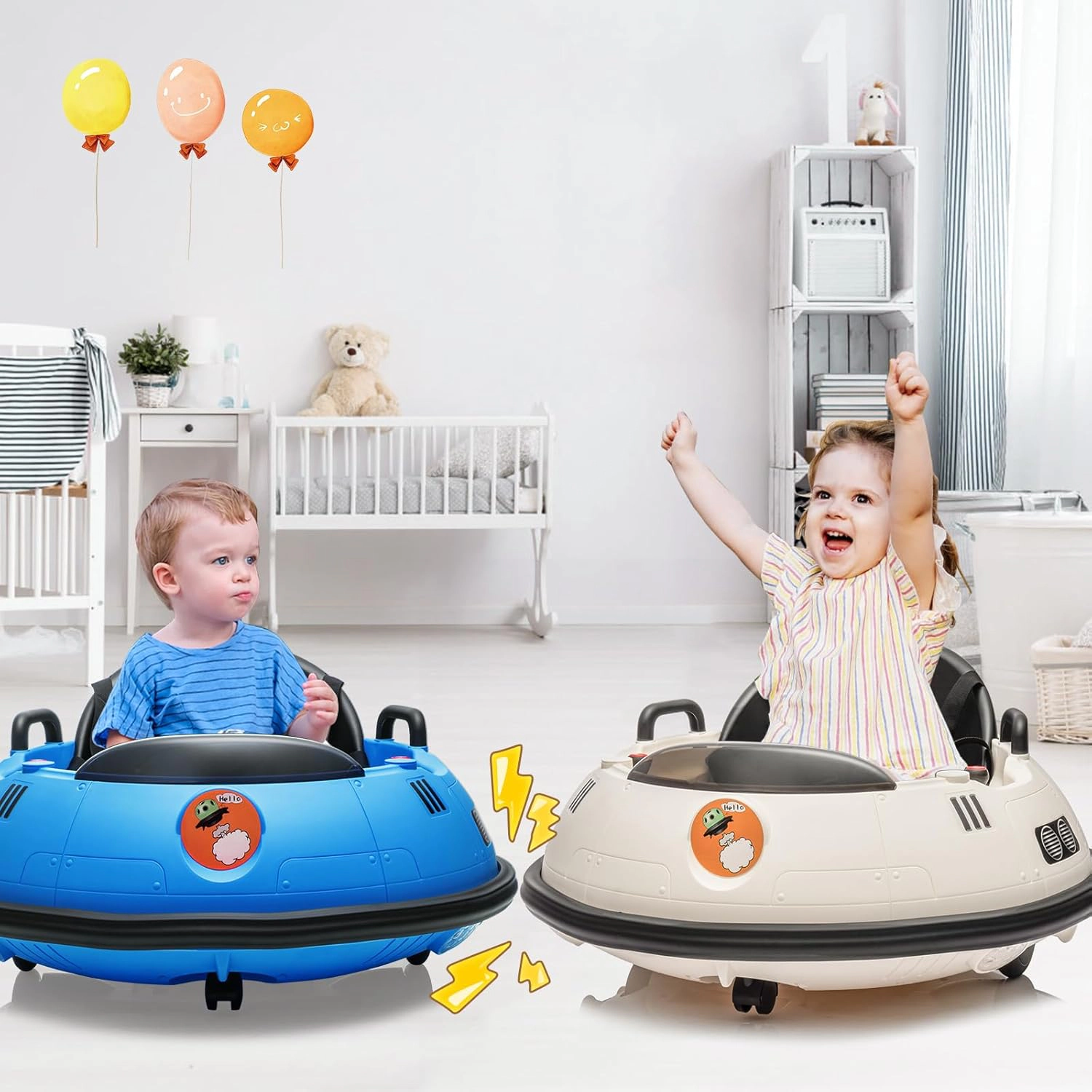 Enjyam 12V Electric Bumper Car for Toddlers, Kids Ride-On with Remote, 360 Degree Spin, LED Lights, Dual Joysticks