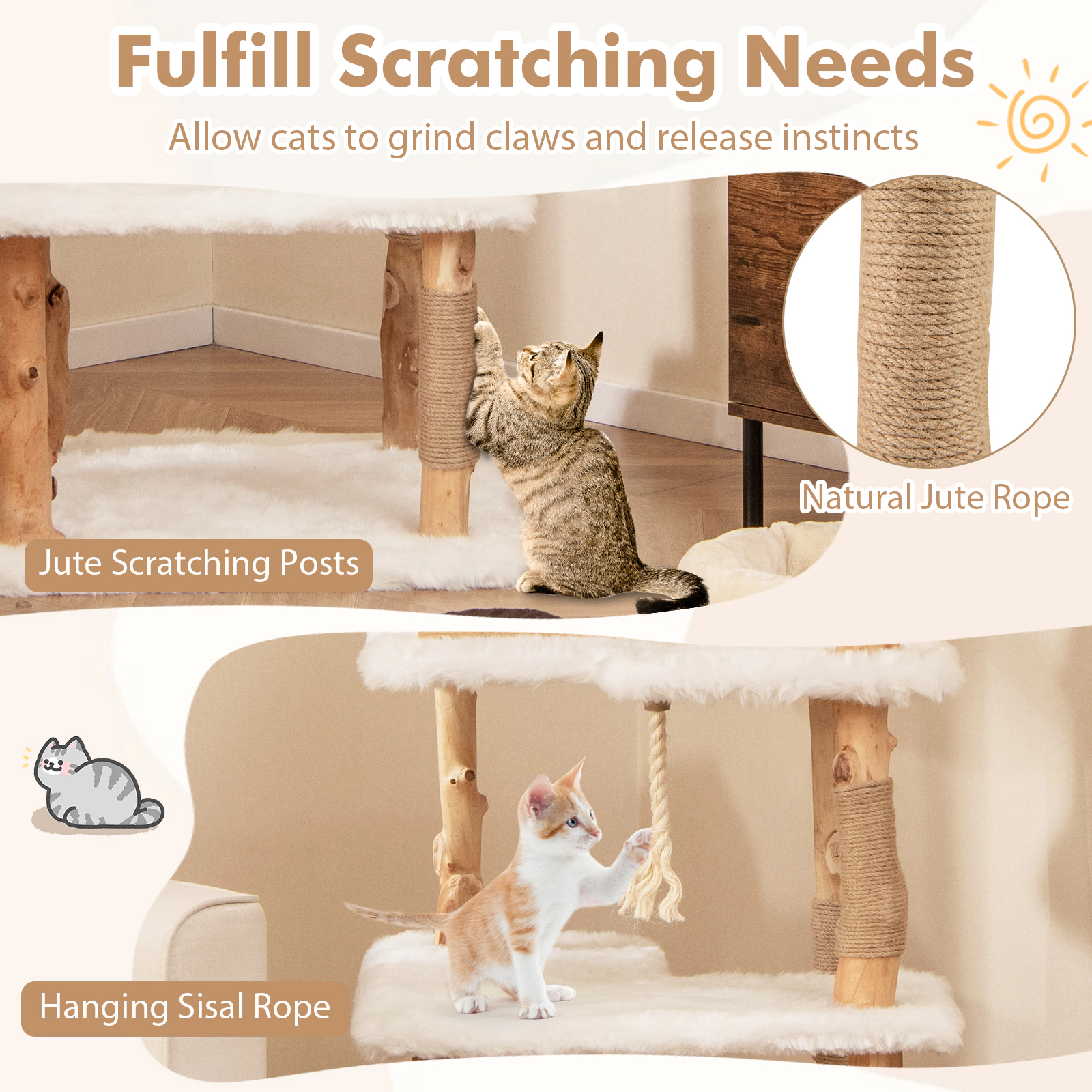 SUGIFT 60-in Solid Wood Modern Cat Tree Tower with Pear Wood Trunks 2 Perches and Vented Condo for Cats