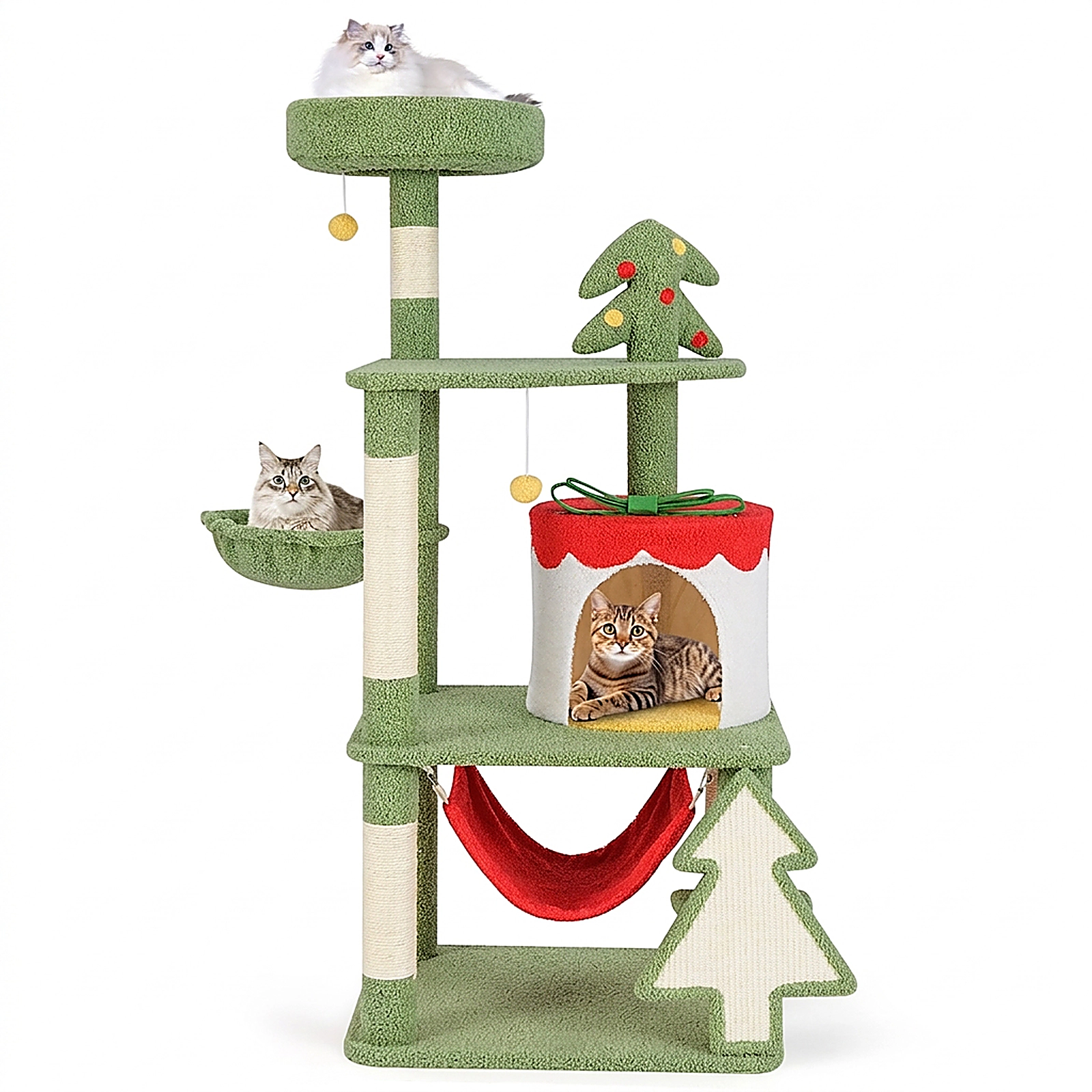 SUGIFT Christmas Cat Tree with Gift Box Shaped Condo & Sisal Scratching Posts 52-in Tall 22-lb Capacity Green Red Yellow
