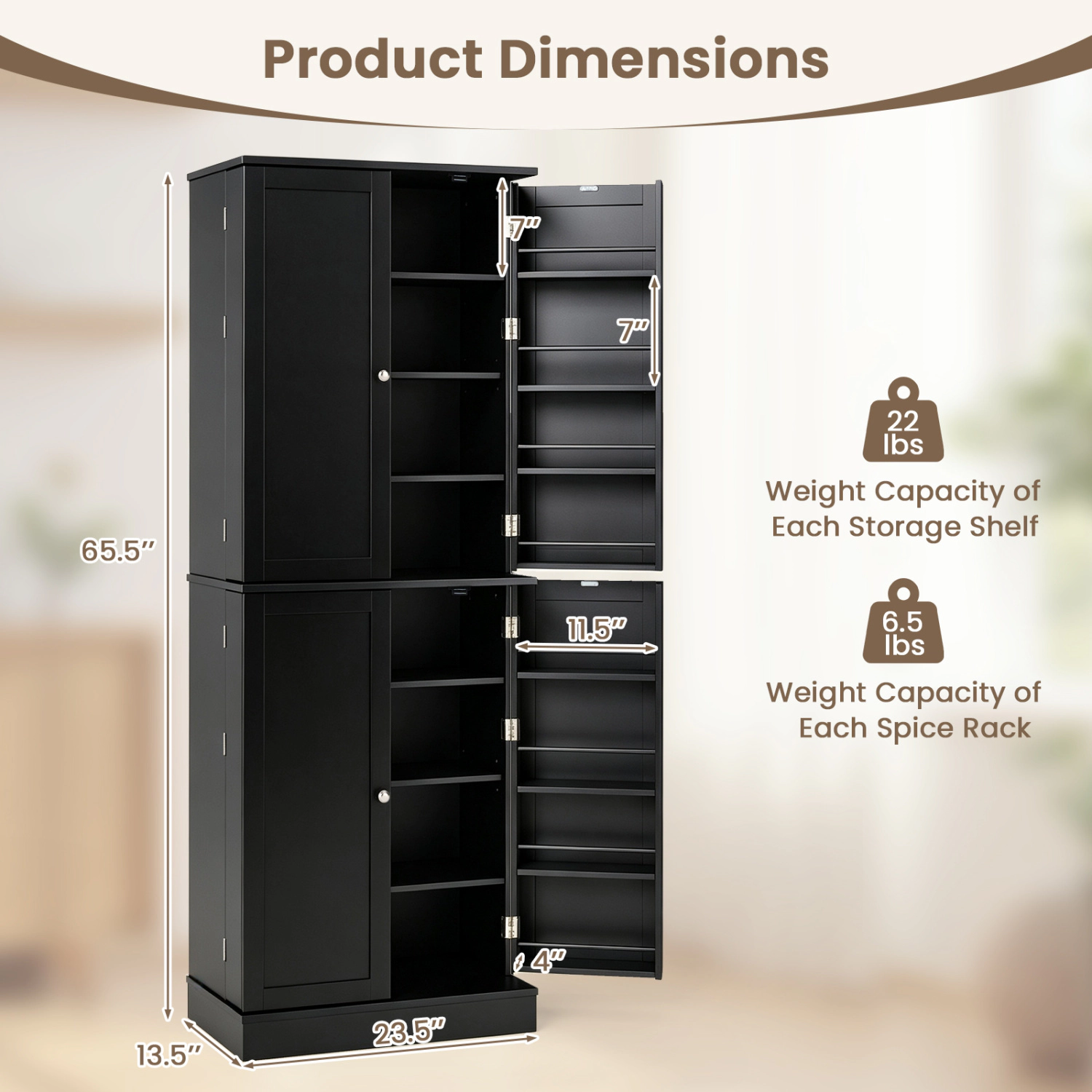 LJG Kitchen Pantry Cabinet 65.5 Inch Freestanding Tall Buffet Cupboard