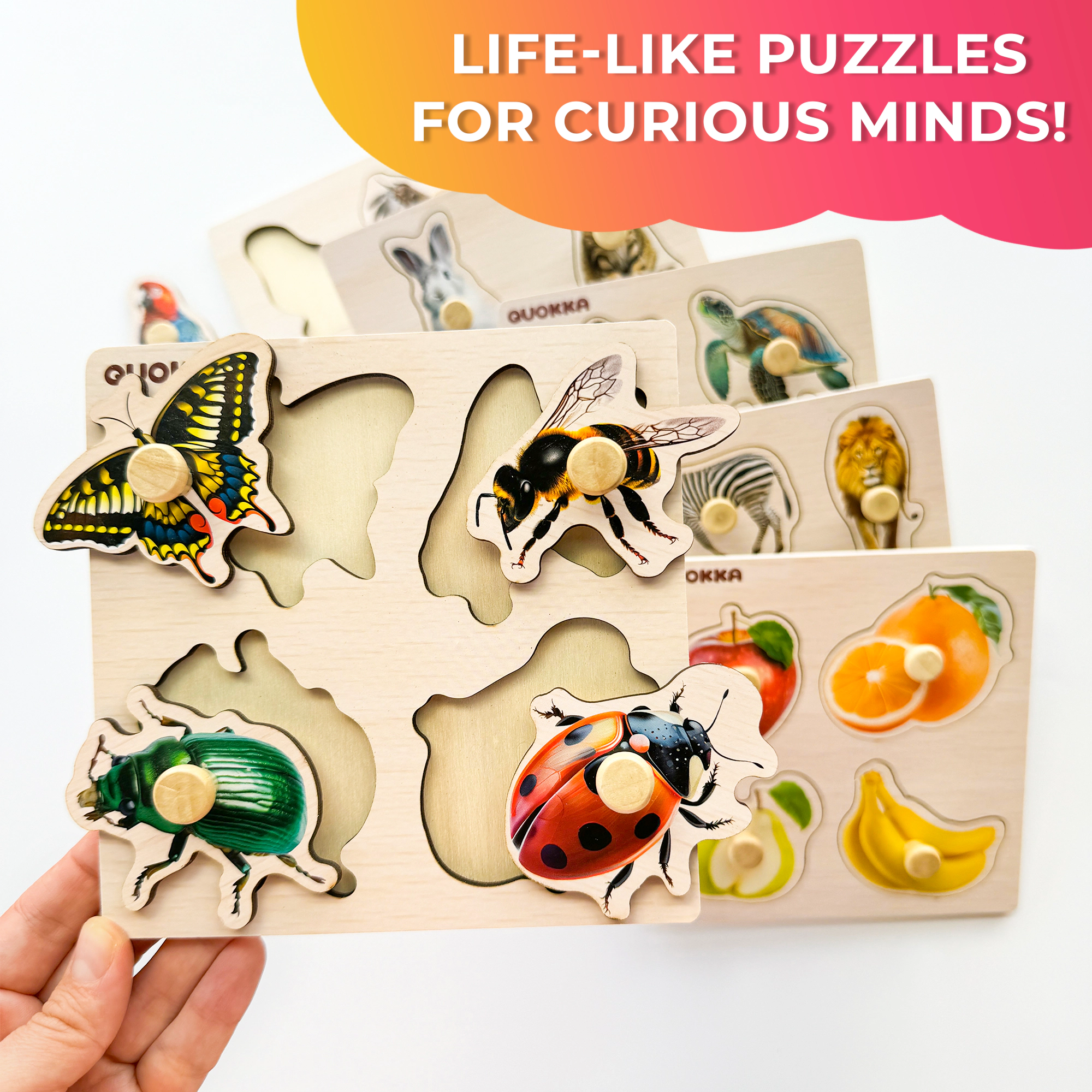 QUOKKA Wooden Peg Puzzle Set for Toddlers Ages 1–3, 6-Pack Animal, Fruit, Vehicle & Shape Puzzles