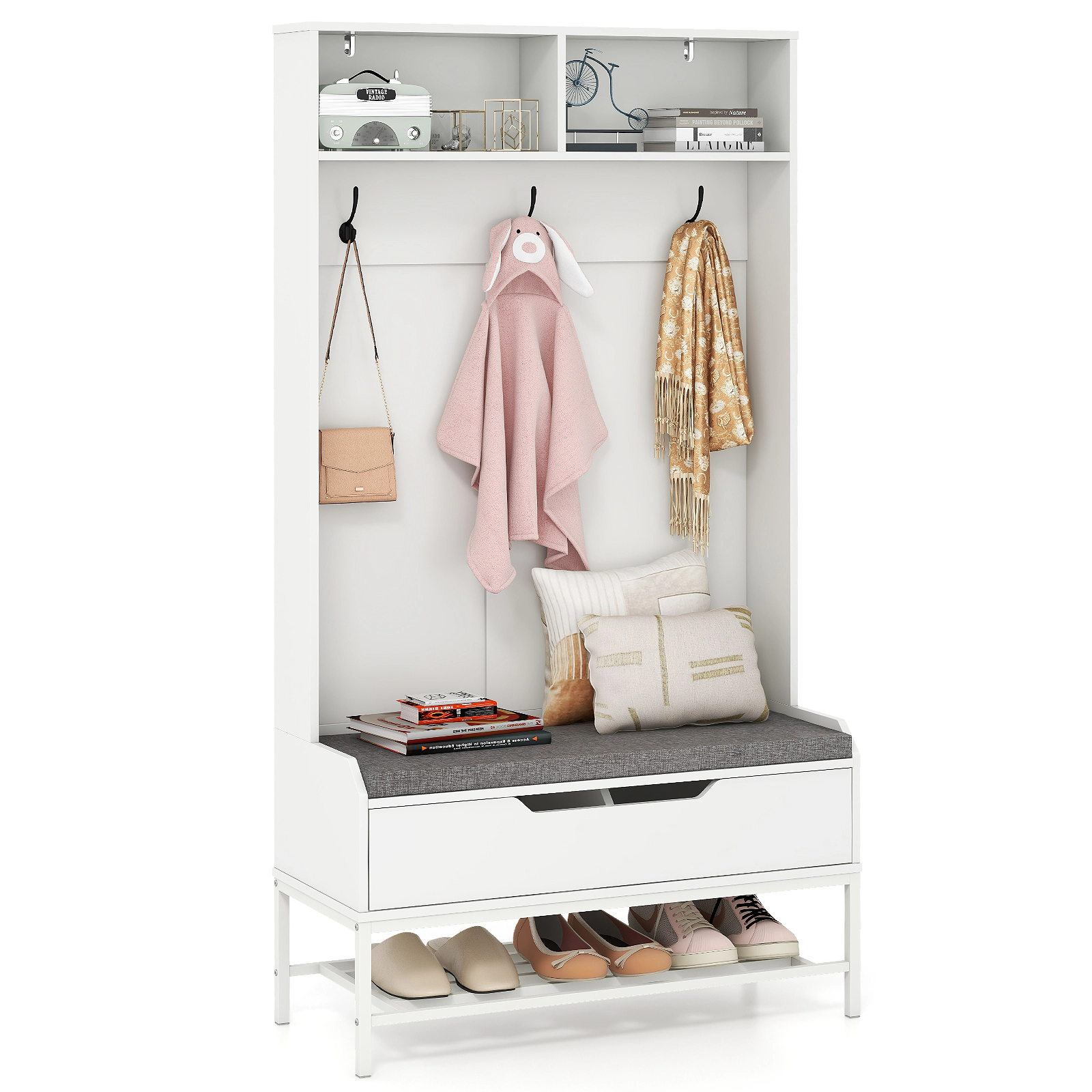 SUGIFT 67-in Tall 330-lb Bench Capacity White Hall Tree 4-in-1 Coat Rack with Seat Cushion and Shoe Storage