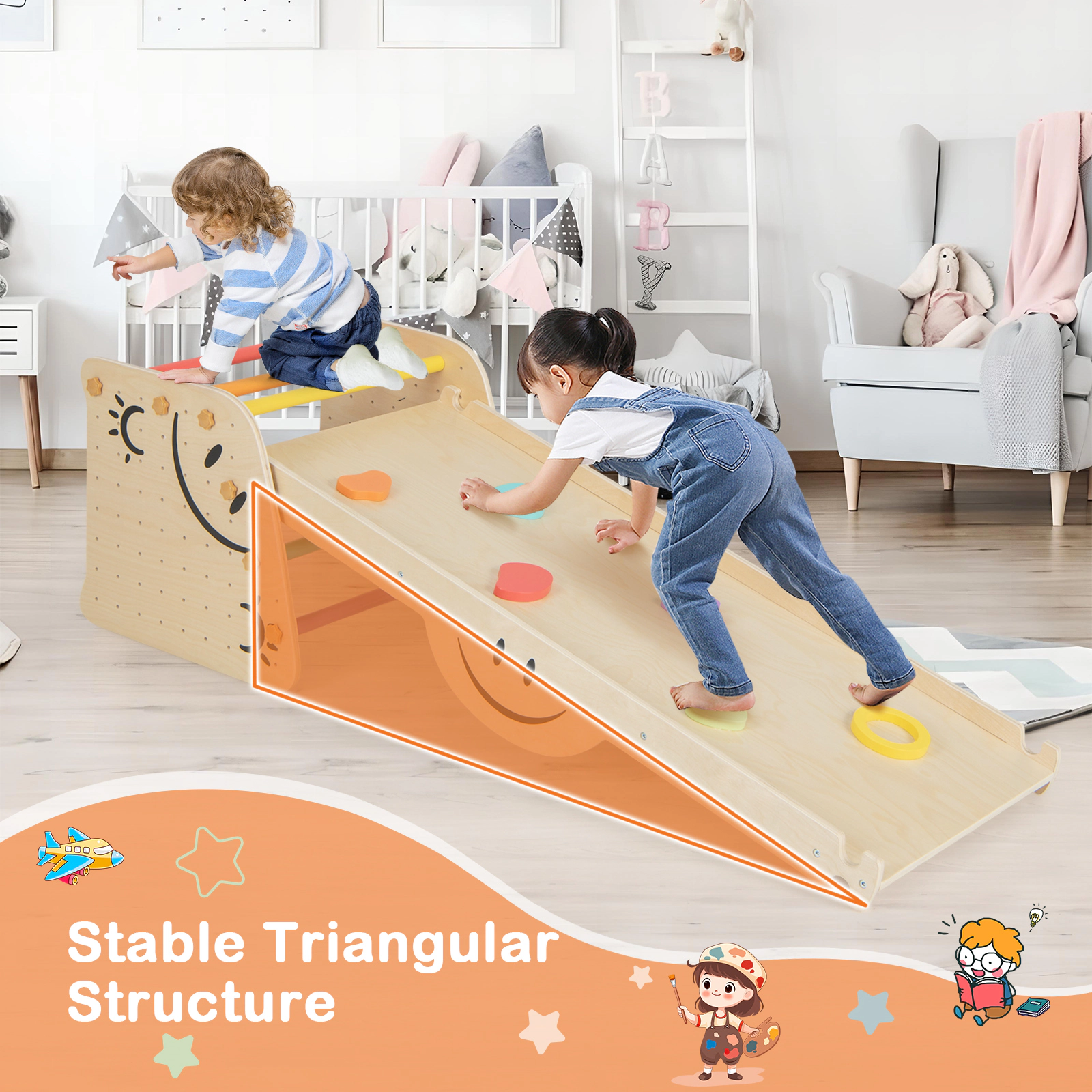LJG Kids Wooden Climbing Toy Triangle Climber Set with Seesaw