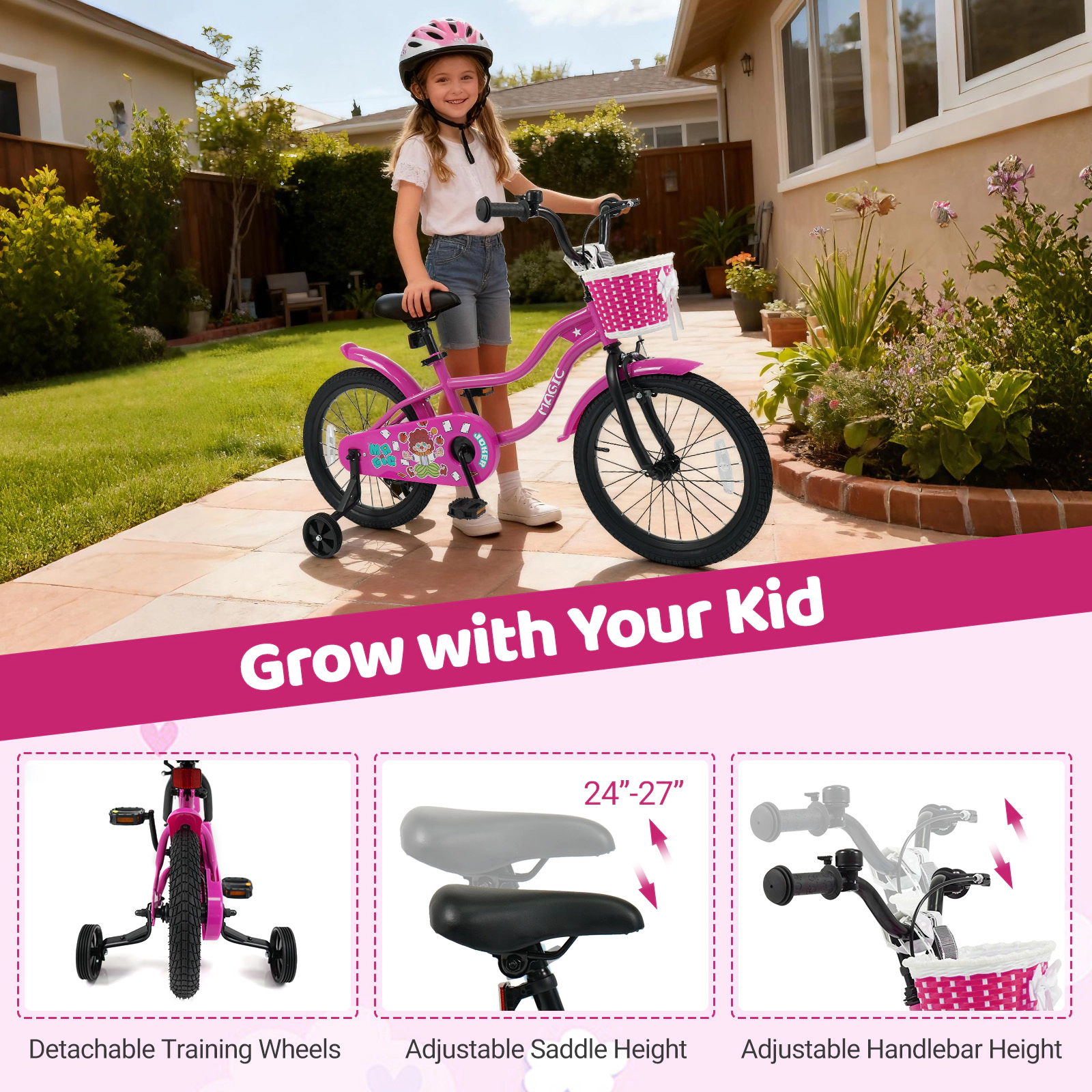 18-in Kids Bike Removable Training Wheels Kickstand for Girls Ages 4-8 Rose Bicycle Front Basket Bell 132-lb Capacity