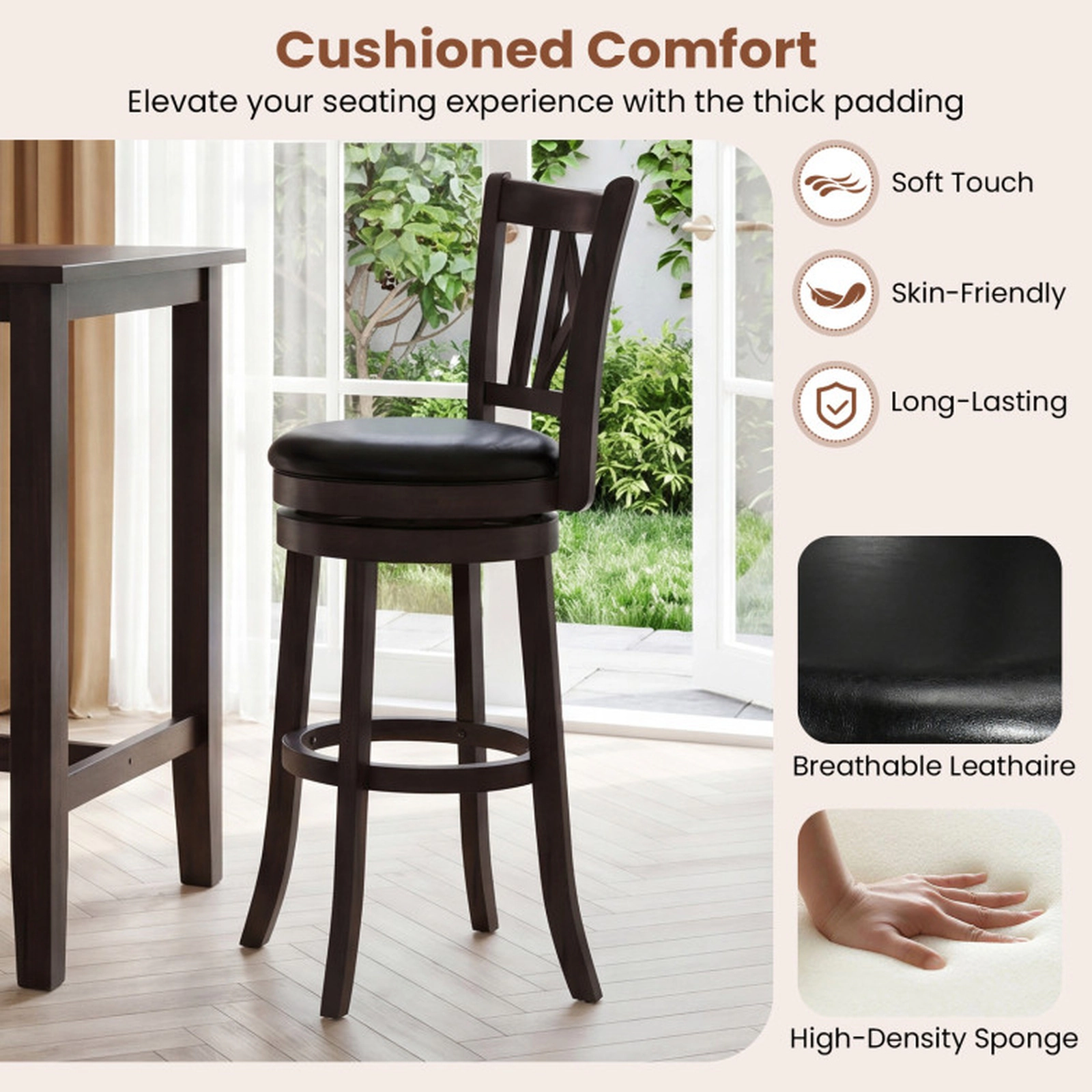 SUGIFT Dark Chocolate Hollowed Backrest and Footrest Set of 4 Swivel Bar Stools
