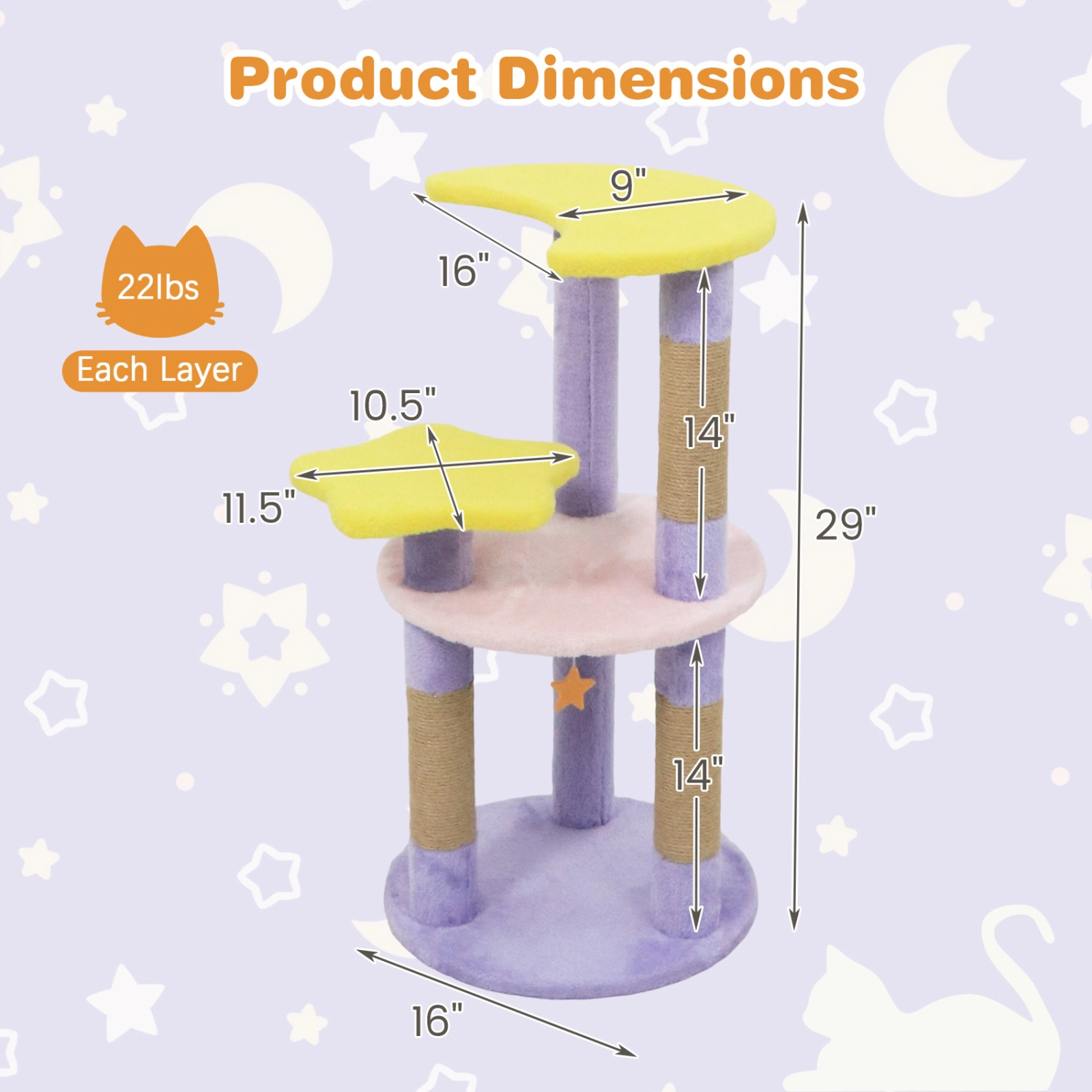 SUGIFT 29-in Modern Cat Tree with Star & Moon Shaped Platforms 11-lb Net Weight 4-Layer Climbing Tower Purple+Yellow