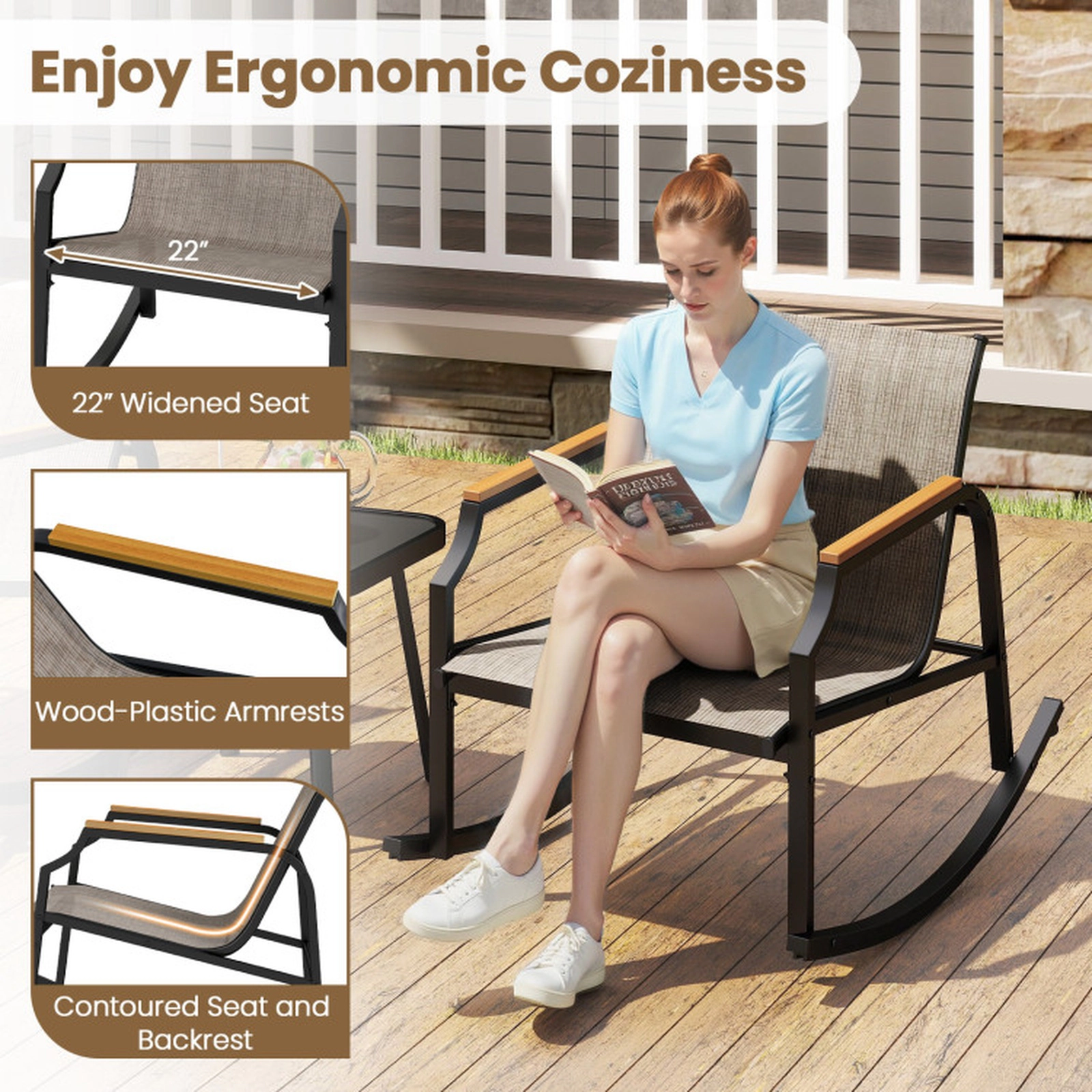 SUGIFT Patio Rocking Bistro Conversation Set with Tempered Glass Coffee Table 330-lb Rocking Chairs Black + Brown