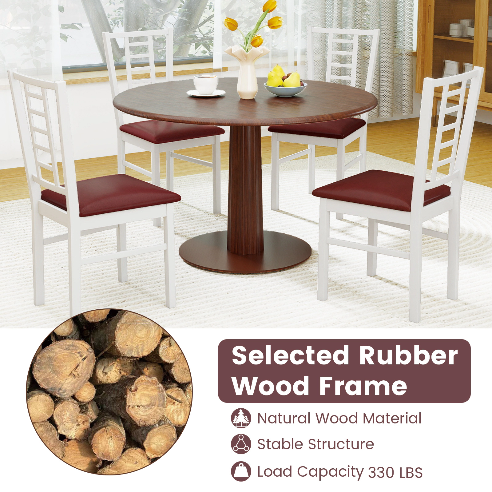 SUGIFT Lattice Slat Back and PU Leather Upholstered Set of 2 Rubber Wood Dining Chairs
