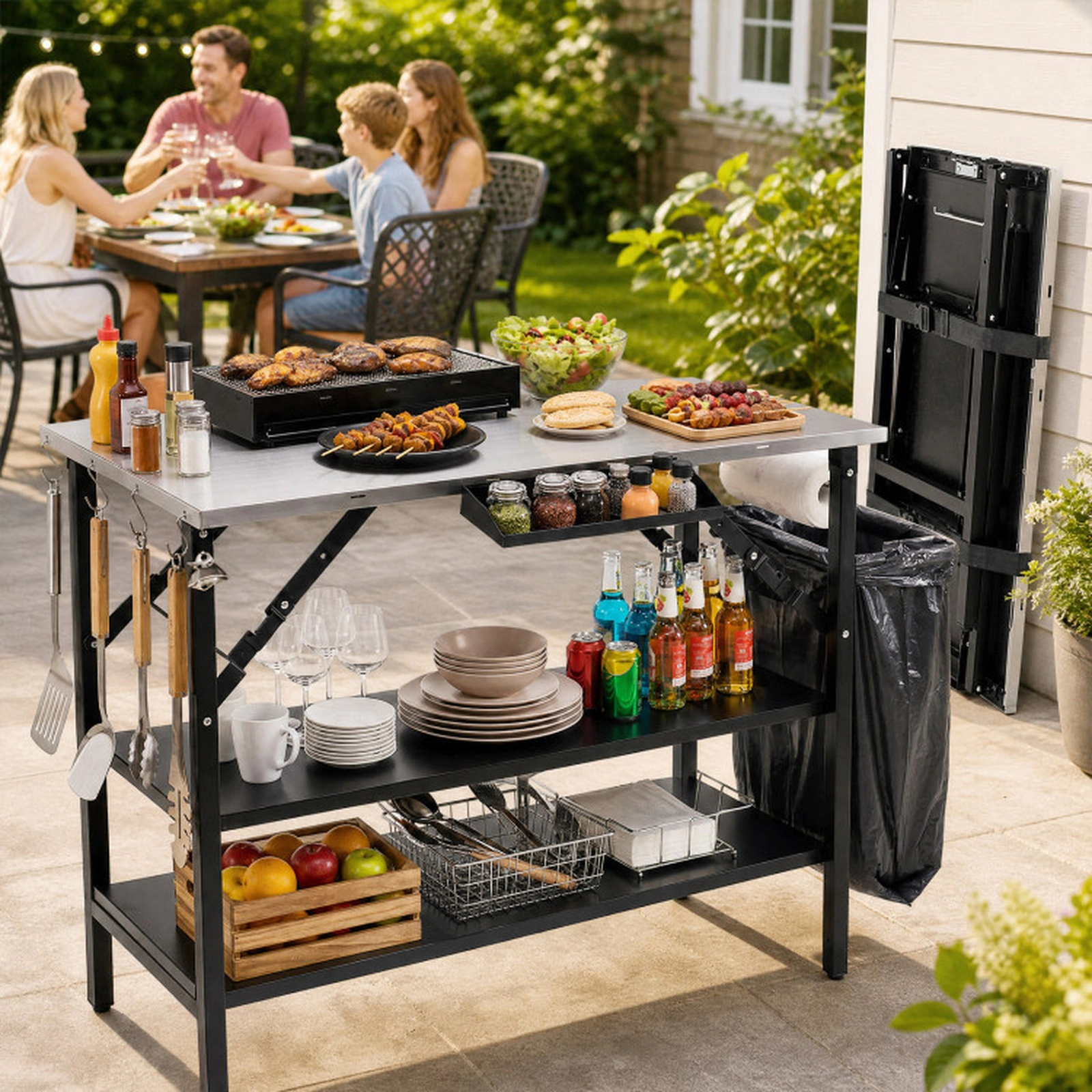 SUGIFT Foldable Outdoor Cook Station Table with Stainless Steel Top 150-lb Tabletop Capacity 2 Removable Shelves Black