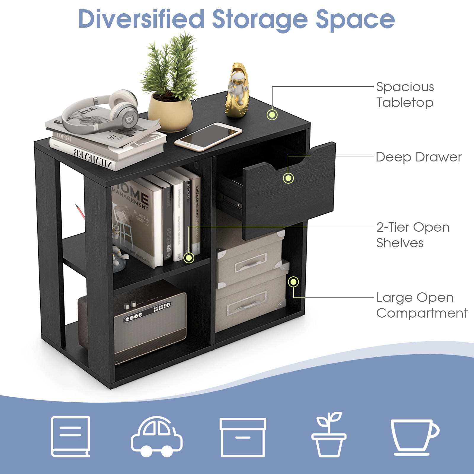 SUGIFT 3-Cube 2-Tier Engineered Wood MDF Bookcase with Pull-Out Drawer 110-lb Top Capacity Black