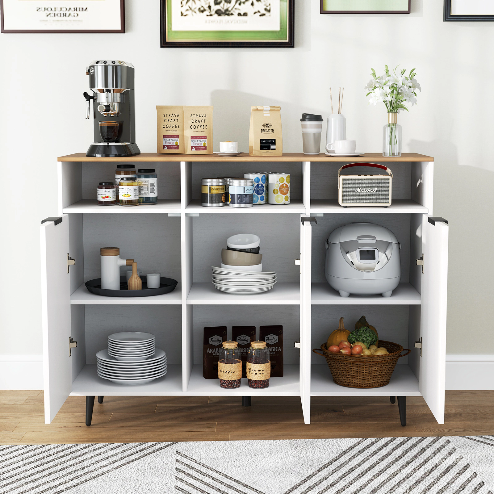 SUGIFT 47-in 350-lb Overall 155-lb Top White Sideboard Buffet Cabinet with 3 Open Compartments and 3 Doors