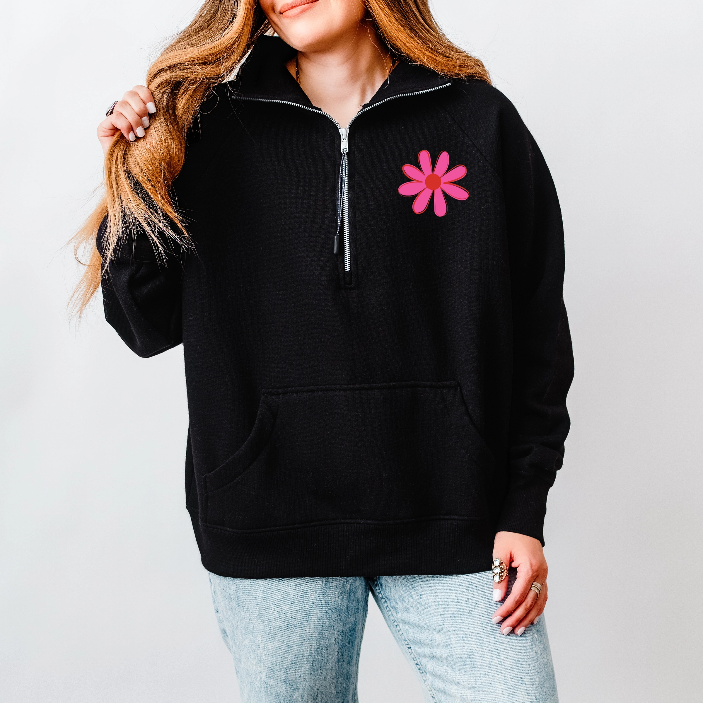 Simply Sage Market - Happy Vibes Flower Women's Quarter Zip Fleece Graphic Sweatshirt