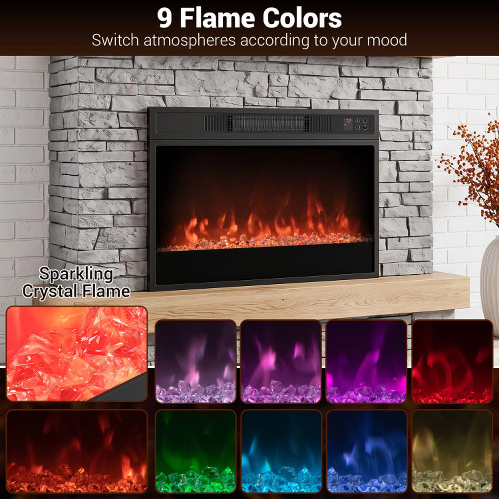 SUGIFT 5000 BTU Electric Fireplace Insert with Thermostat and Remote Control 1400W Metal Tempered Glass Black
