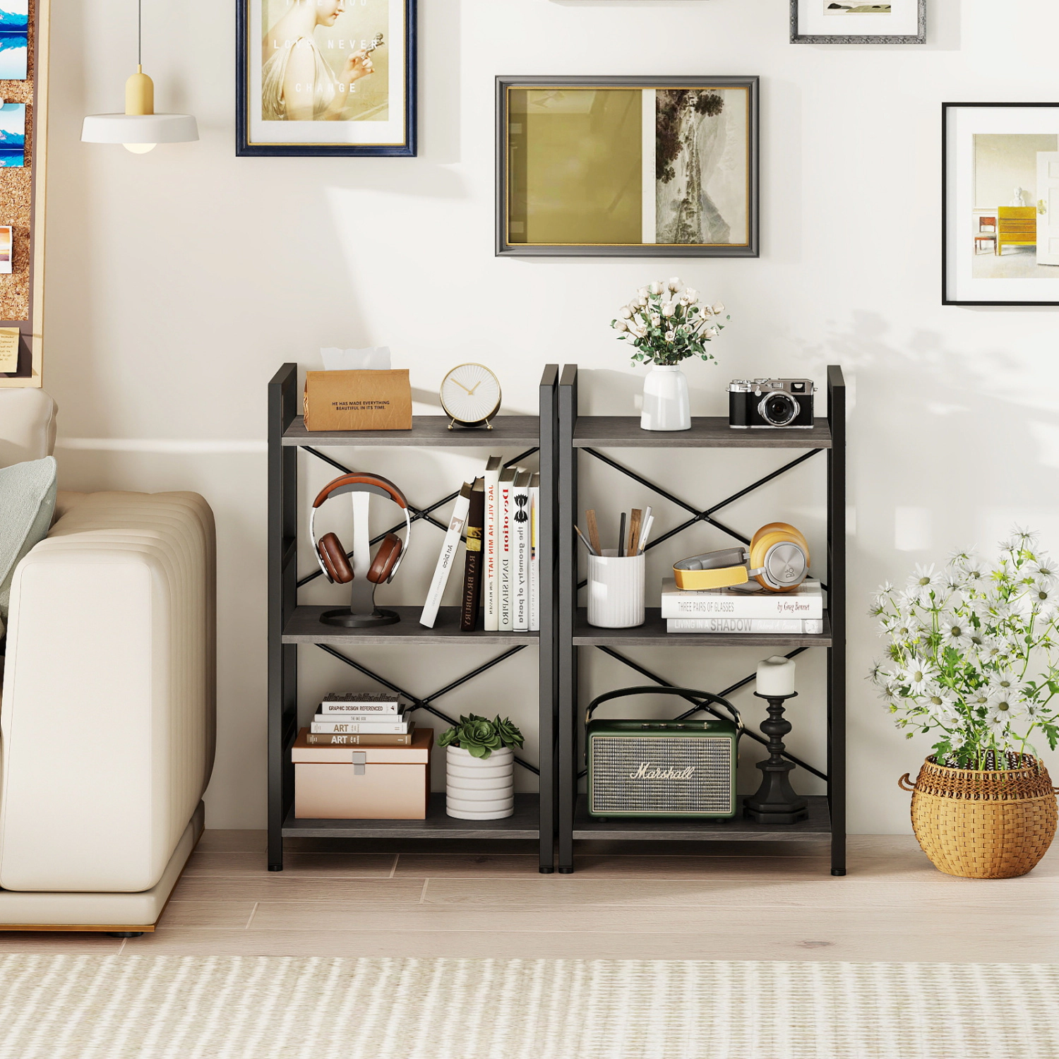 LJG 4-Tier Bookshelf with Metal Frame and Wooden Storage Racks for Study