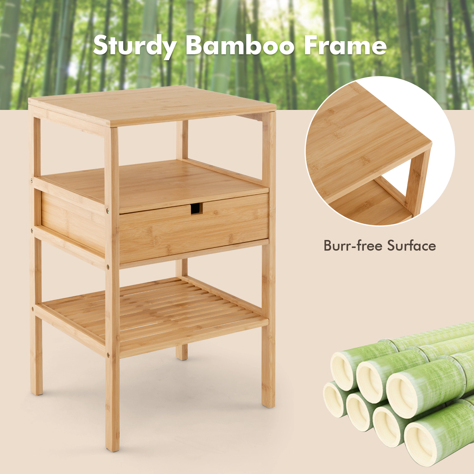 Hivvago Compact Bamboo Bedside Cabinet with Drawer and Two Open Compartments