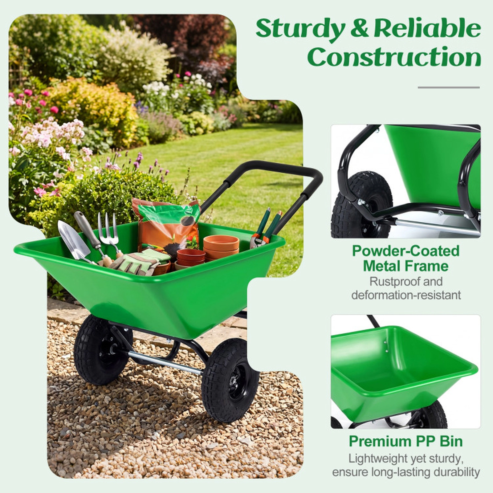 SUGIFT Dual-Wheel Wheelbarrow Garden Utility Cart with Pneumatic Tires 330-lb Capacity 21-gal Hopper Light Green