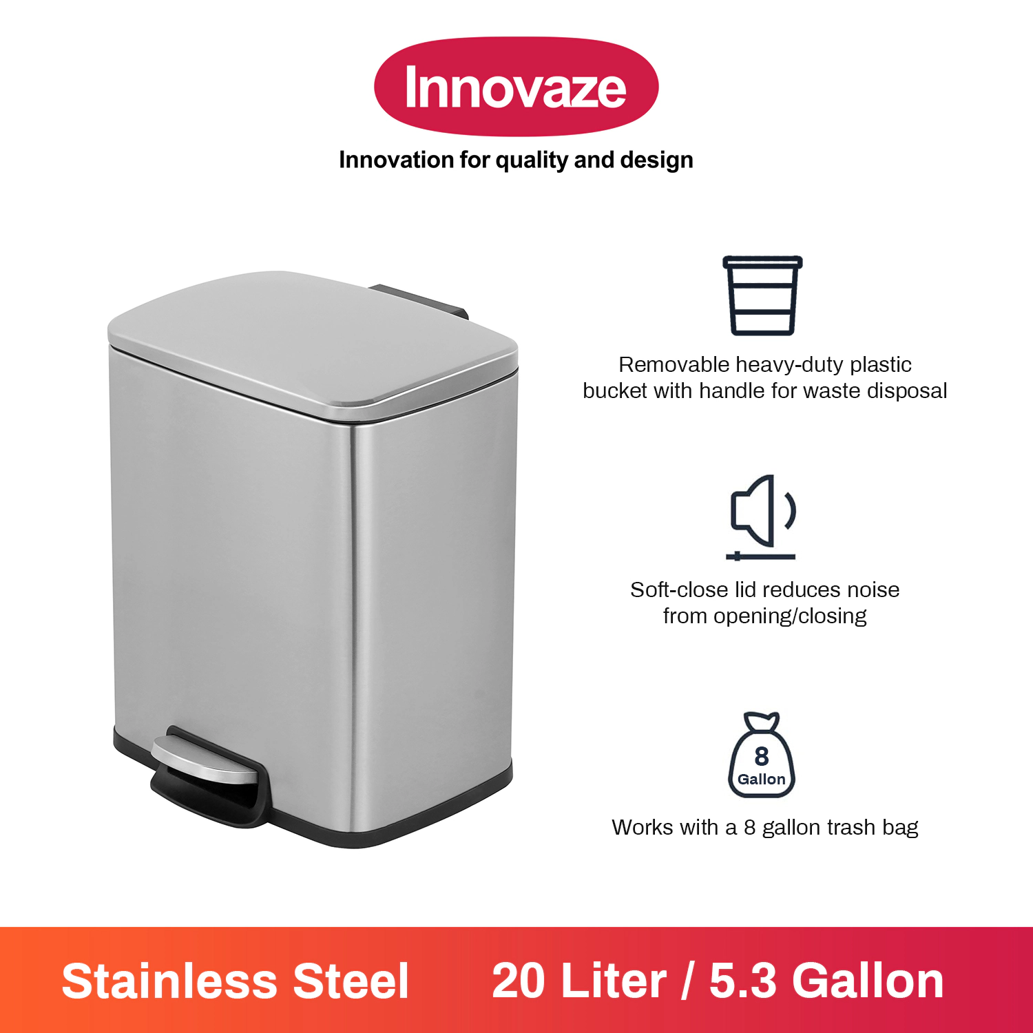 Innovaze 5.3 Gal./20 Liter Rectangular Stainless Steel step-on Trash Can for kitchen