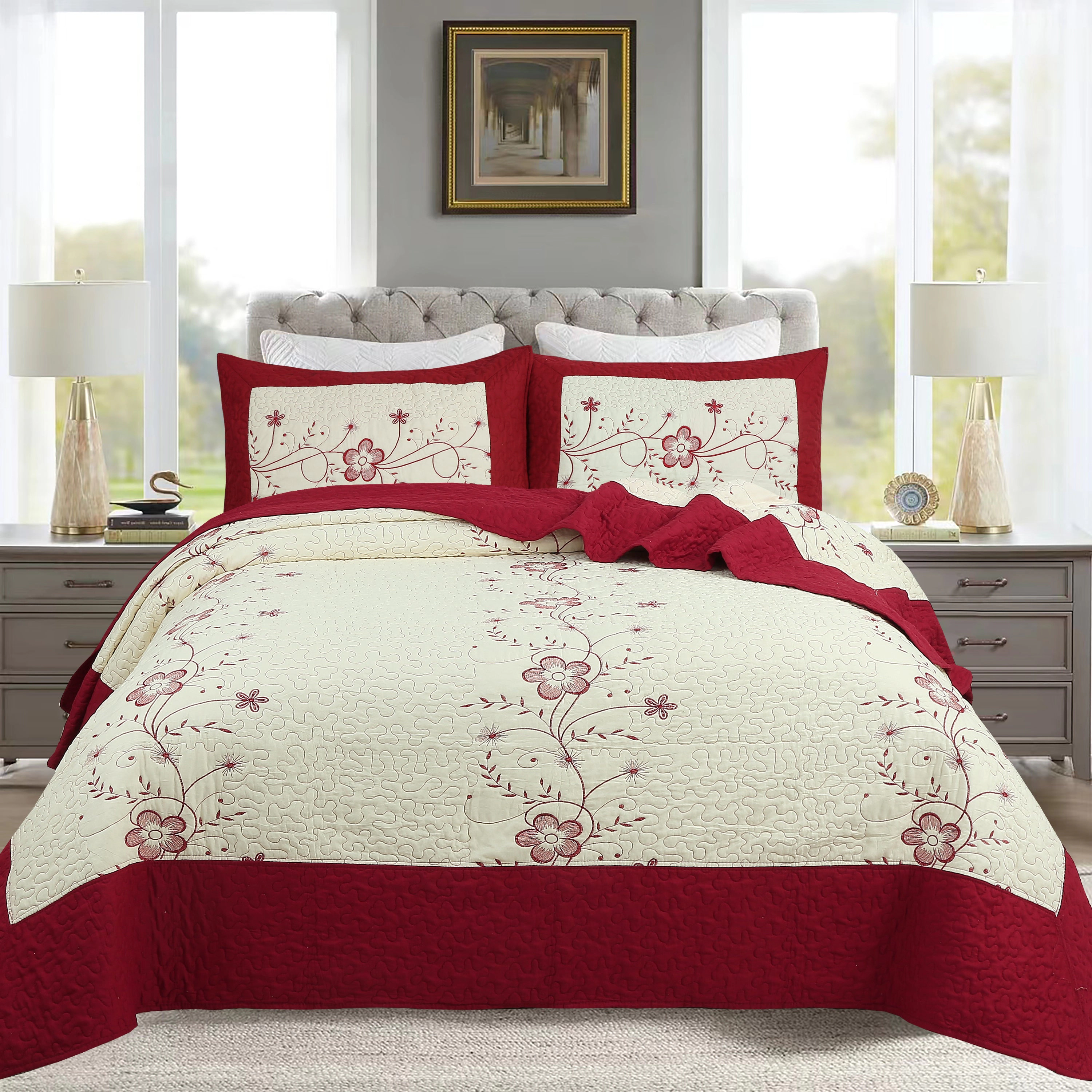 MarCielo 3 Piece Queen Embroidered Floral Quilt Bedspread Set