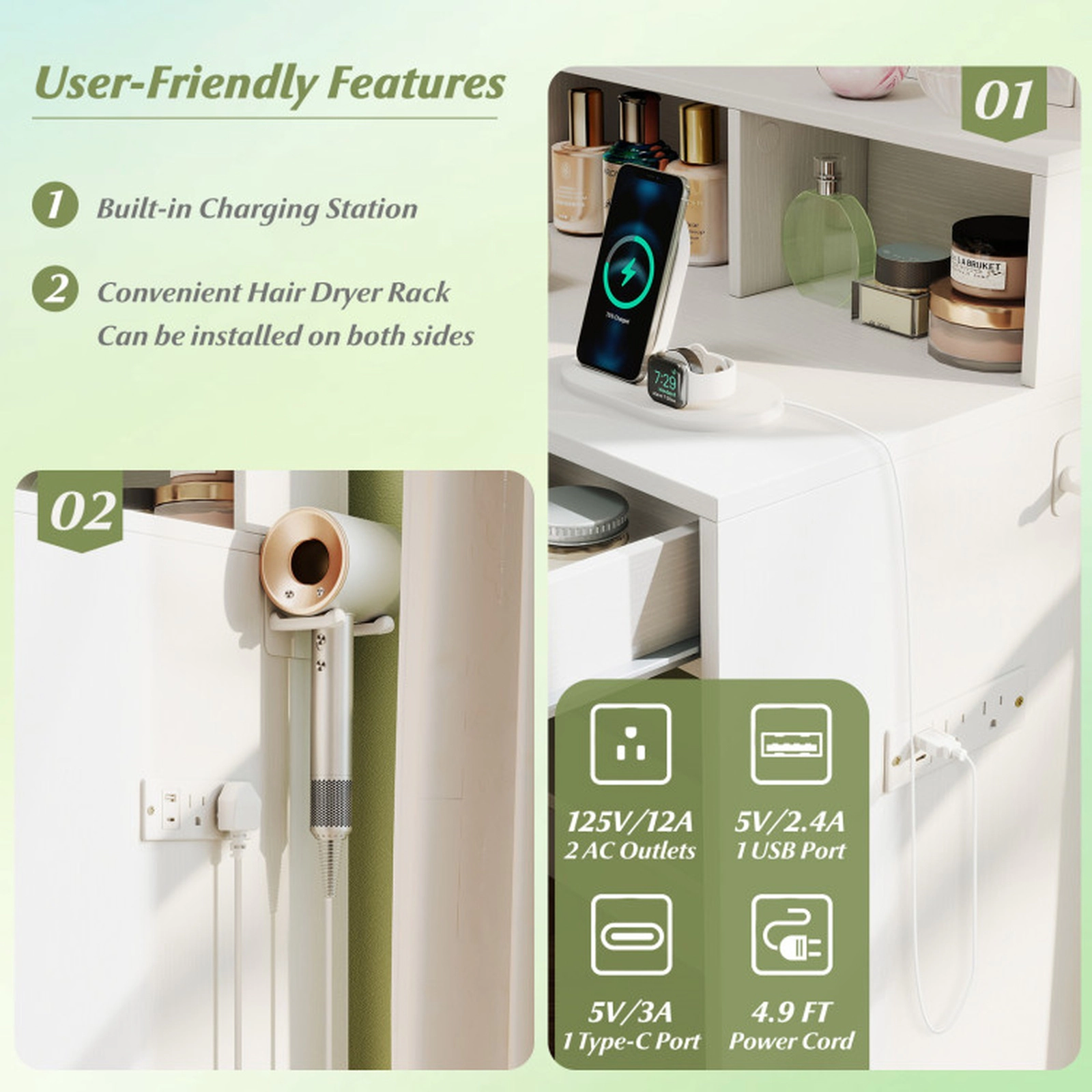 SUGIFT 2-Piece 31.5-Inch Vanity Desk Set with Lighted Mirror, Stool and Charging Station