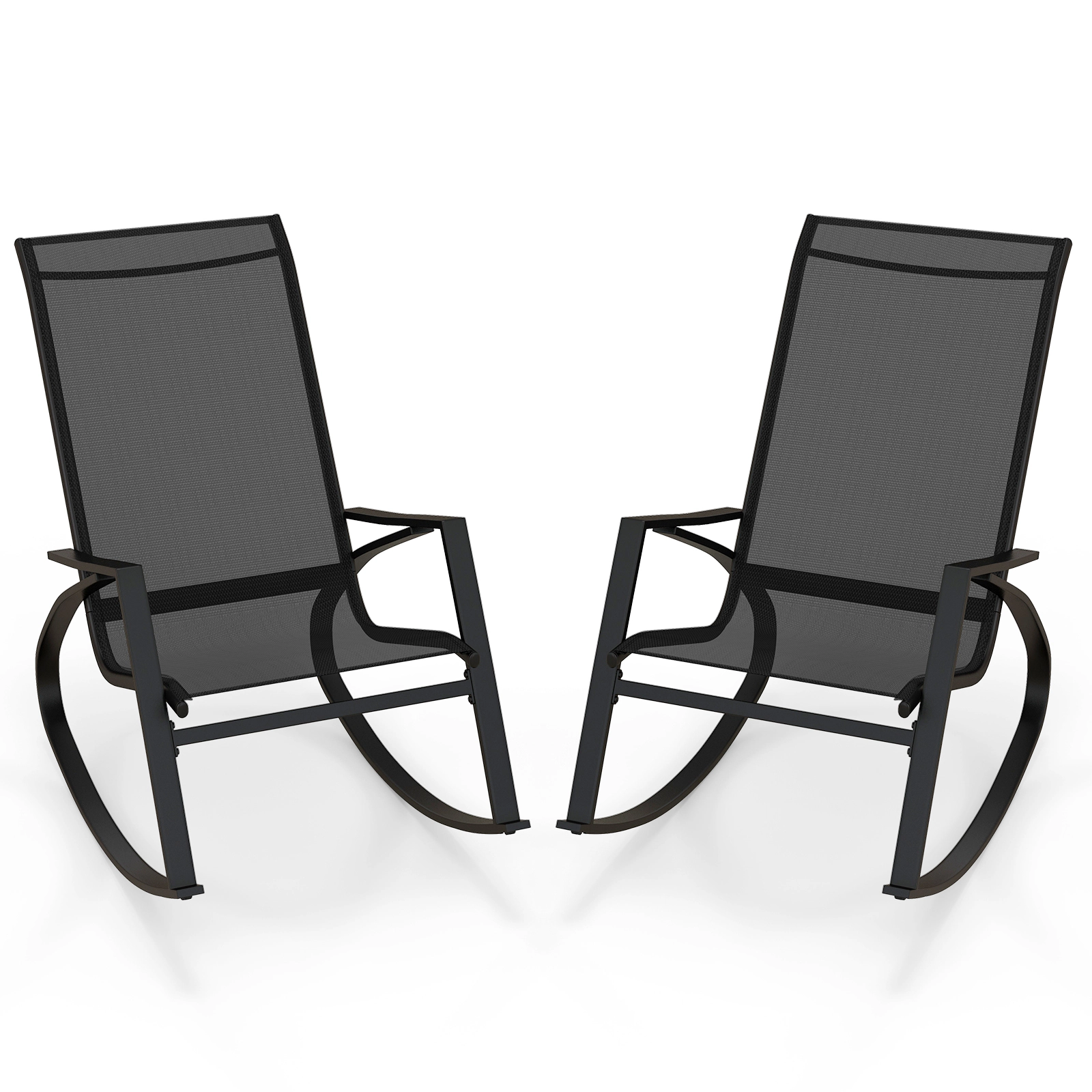 SUGIFT Set of 2 330-lb Capacity Black Sling Fabric Outdoor Patio Rocking Chairs with Curved Backrest