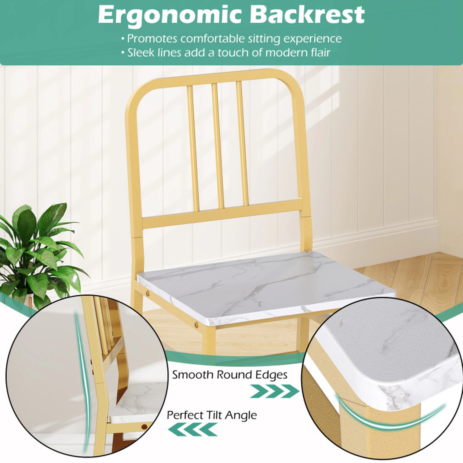 SUGIFT 3-Piece Rectangular Dining Table Set with Storage Shelf and 2 Chairs 200/330-lb Capacity White + Gold